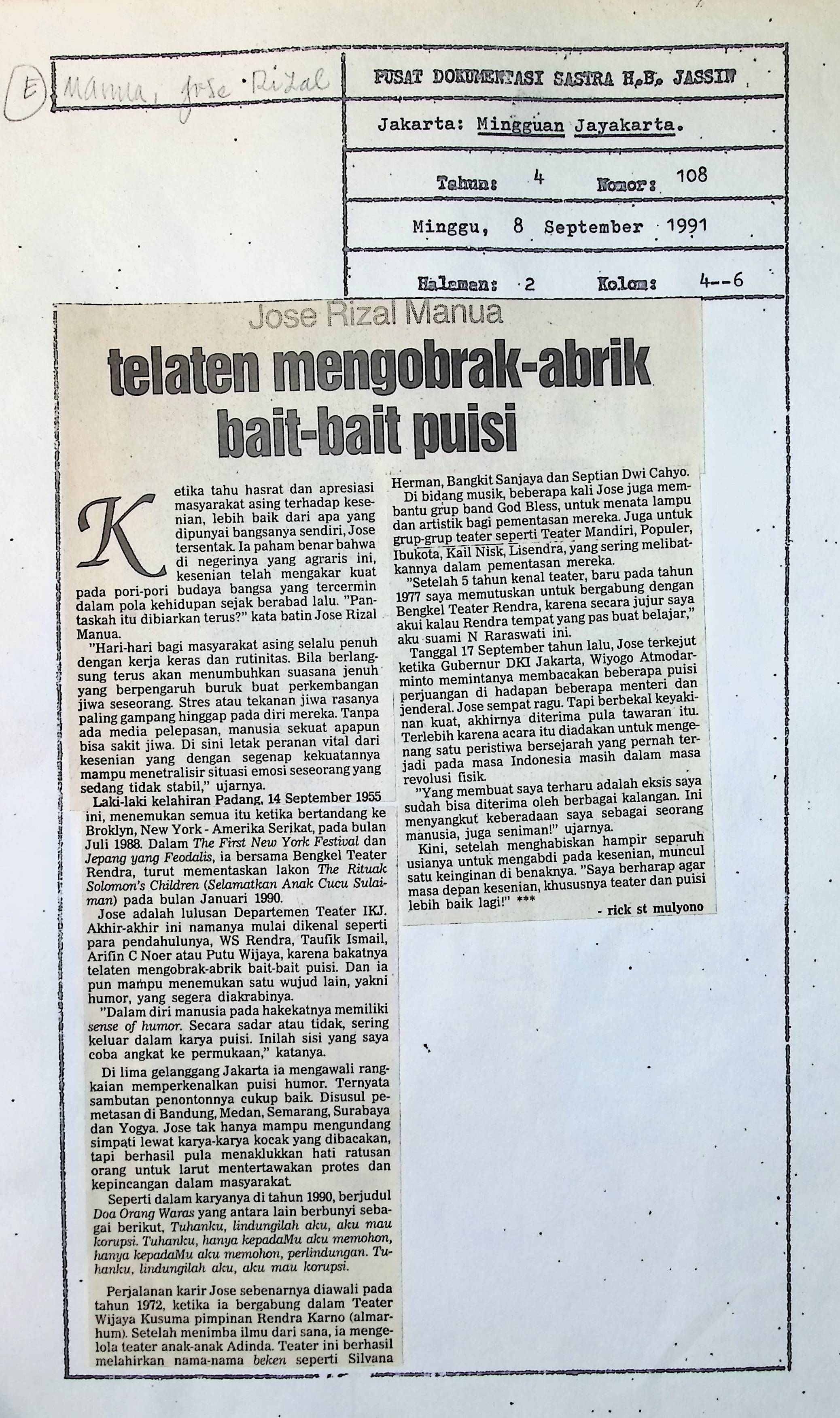 Jose Rizal Manua, telaten mengobrak-abrik bait-bait puisi