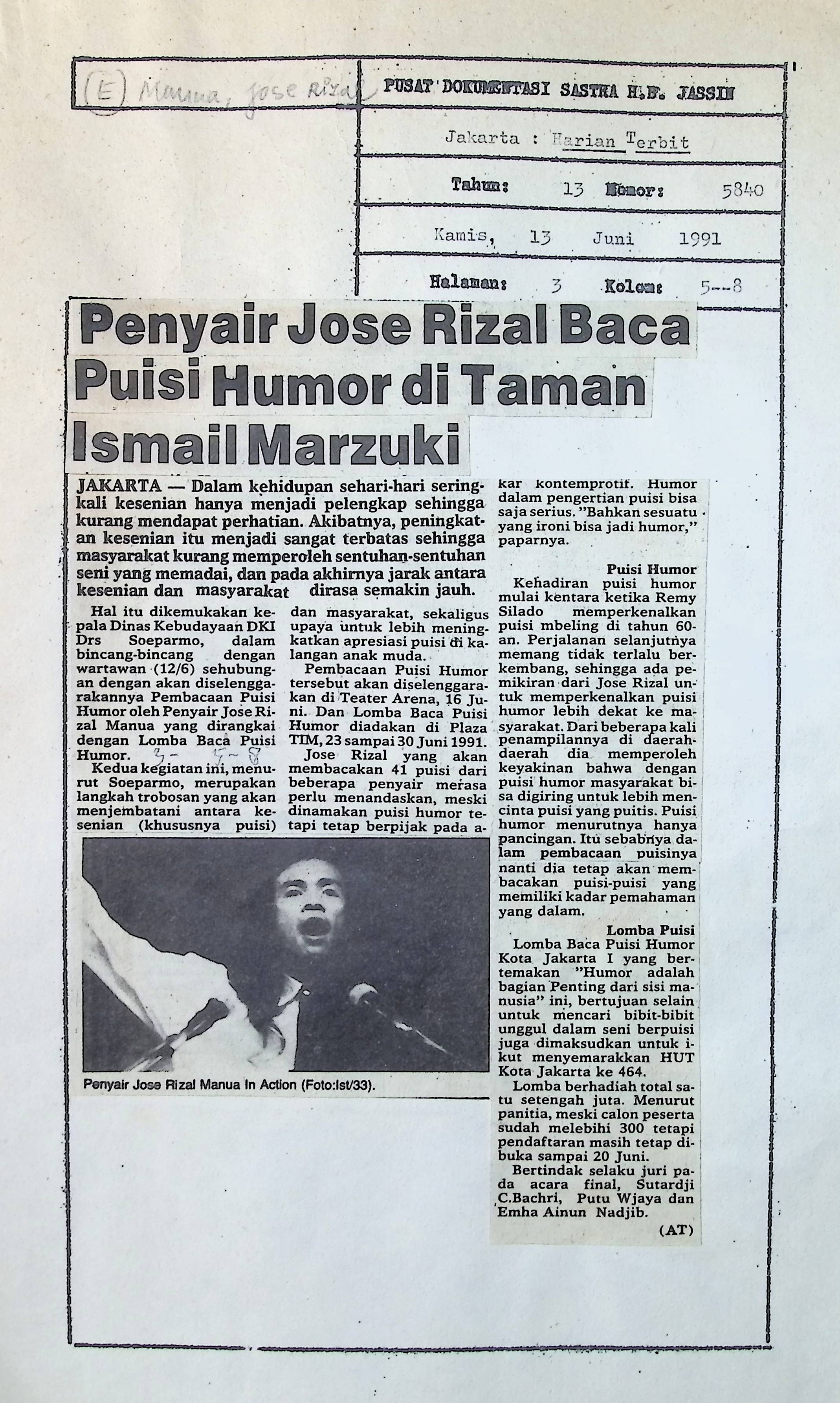 Penyair Jose Rizal baca puisi humor di Taman Ismail Marzuki