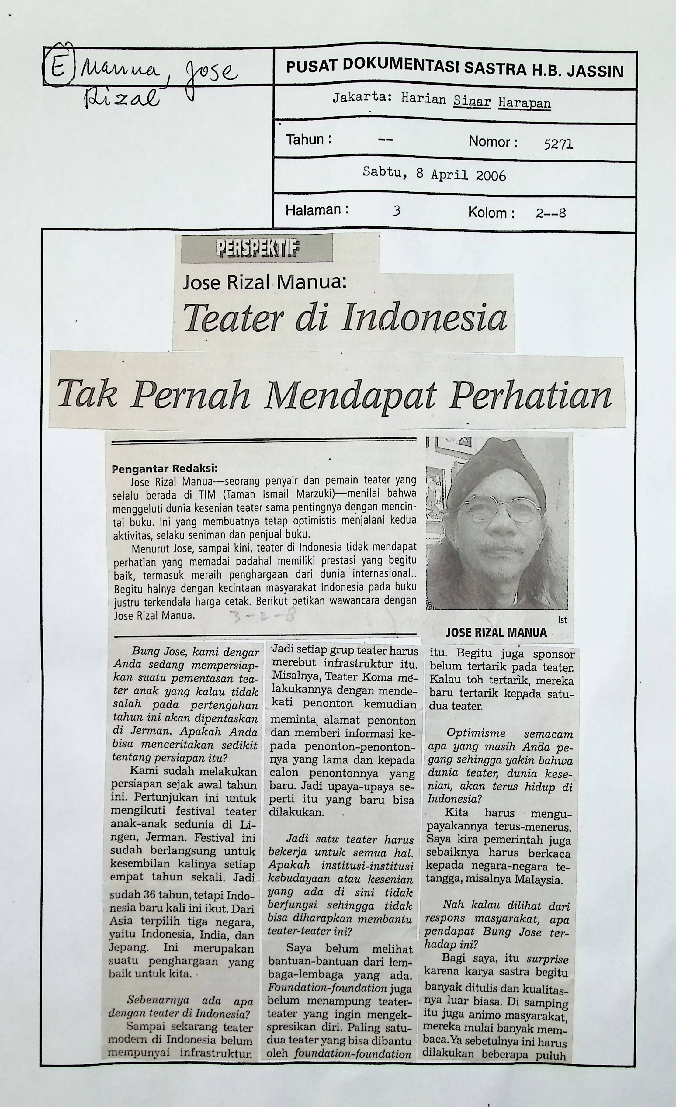 Jose Rizal Manua, teater di Indonesia tak pernah mendapat perhatian