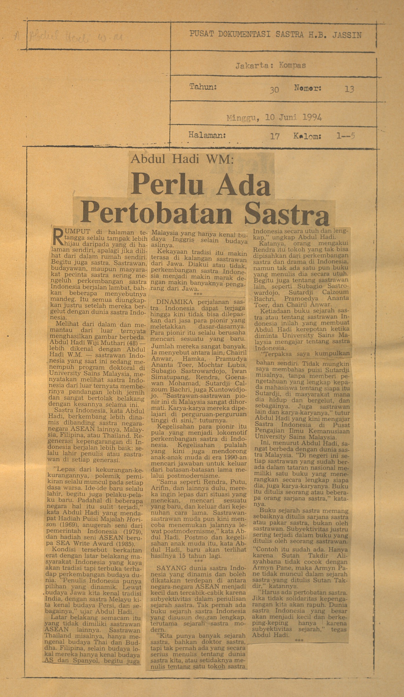 Abdul Hadi. Perlu ada pertobatan sastra