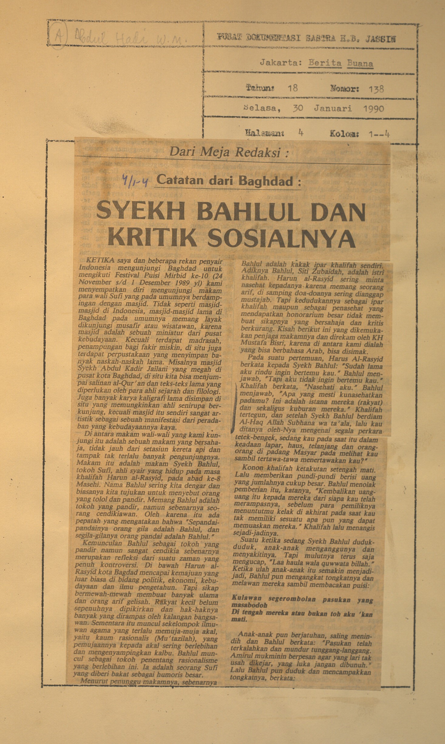 Dari meja redaksi. Catatan dari Baghdad. Syekh bahlul dan kritik sosialnya