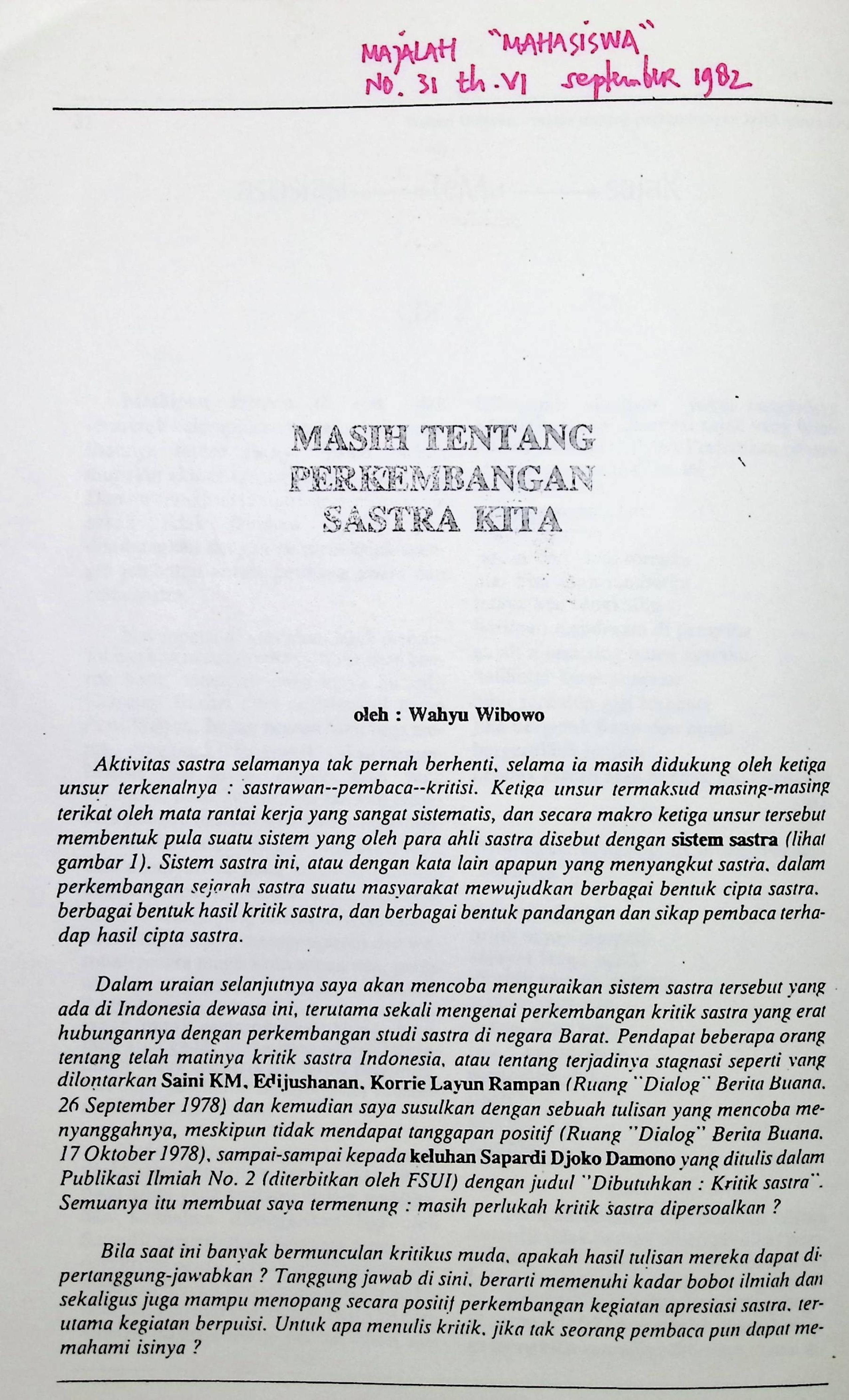 Masih Tentang perkembangan sastra kita