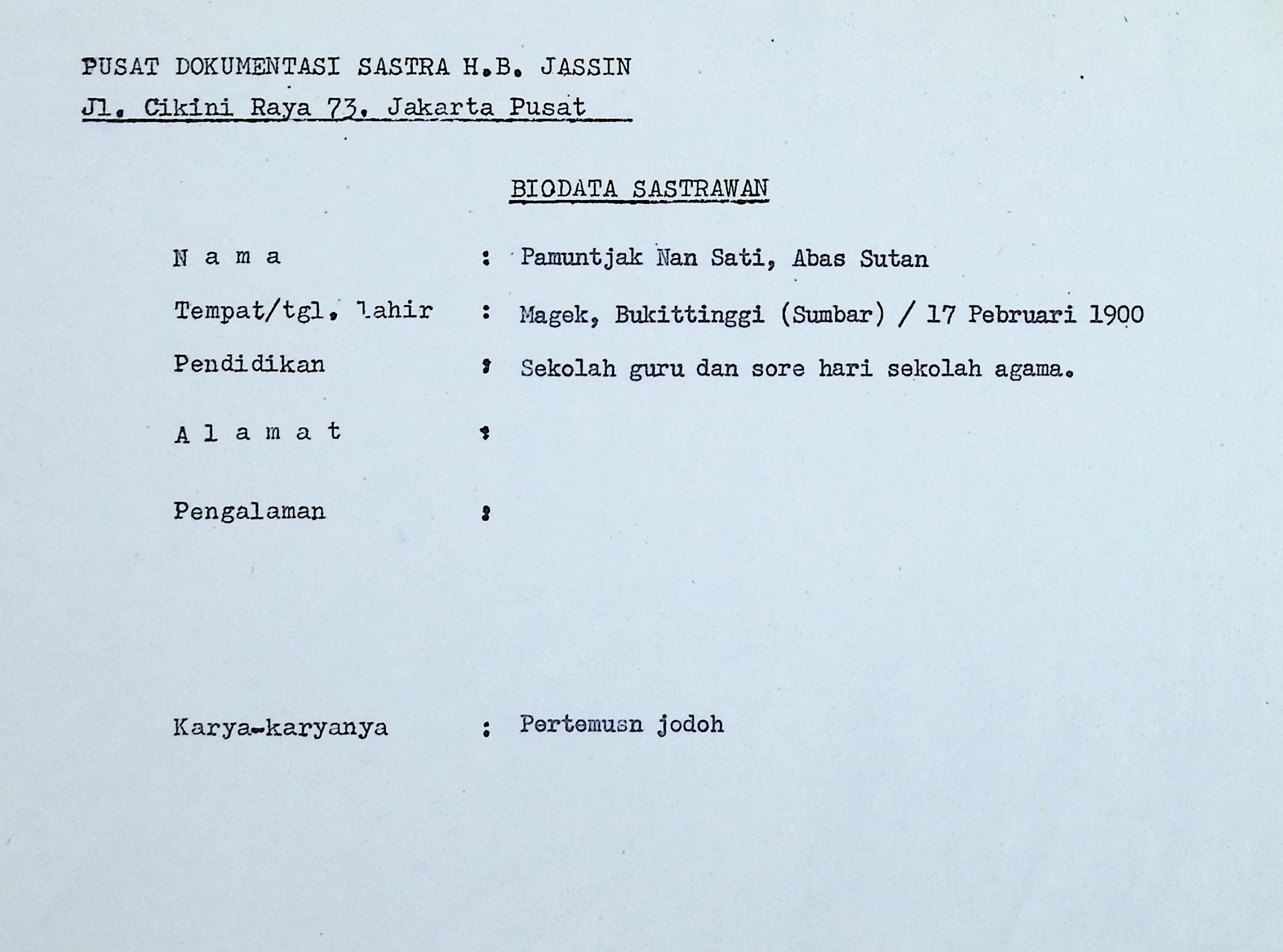 Biografi pengarang Abas Sutan Pamuntjak Nan Sati