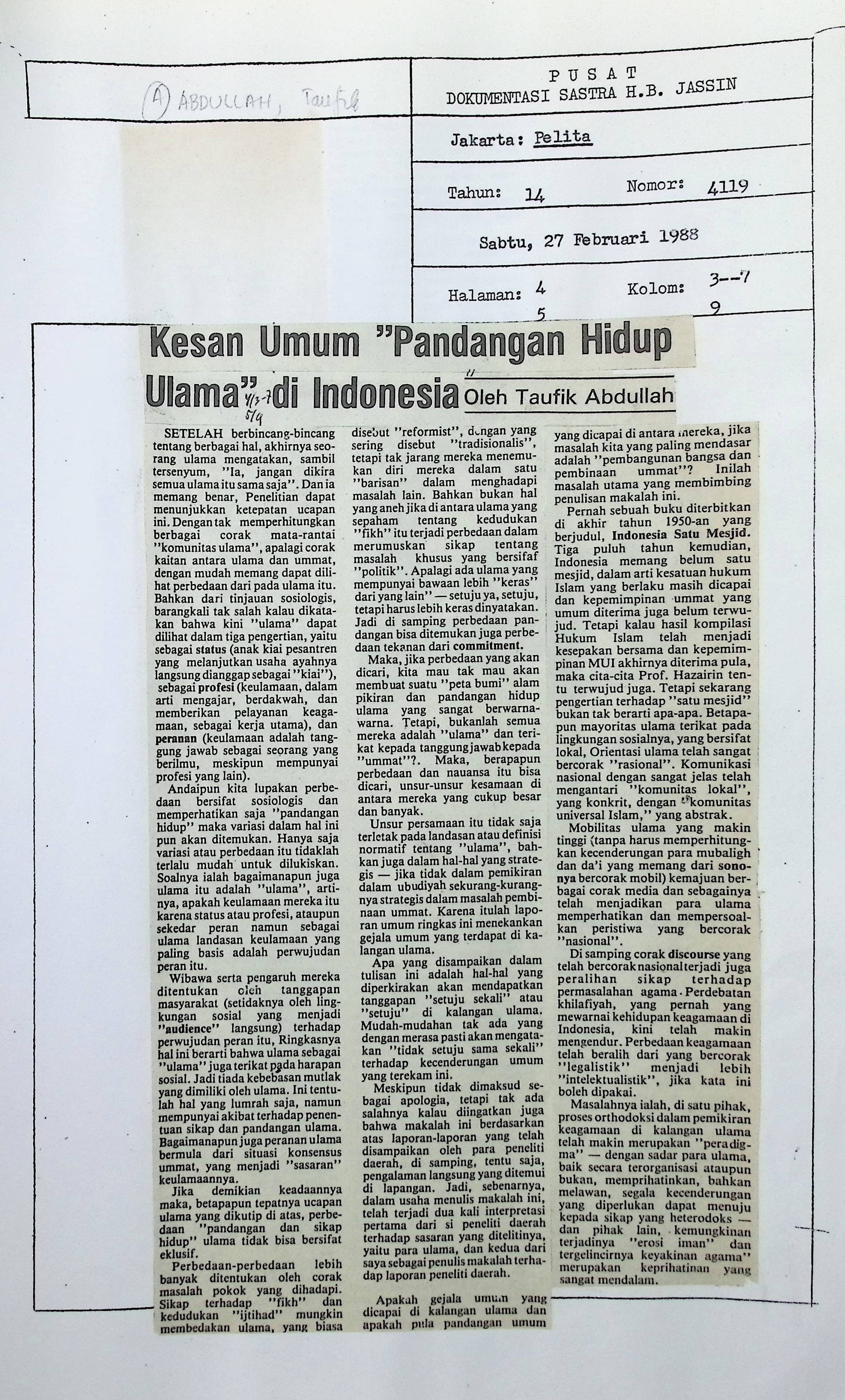 Kesan Umum,pandangan hidup ulama di Indonesia