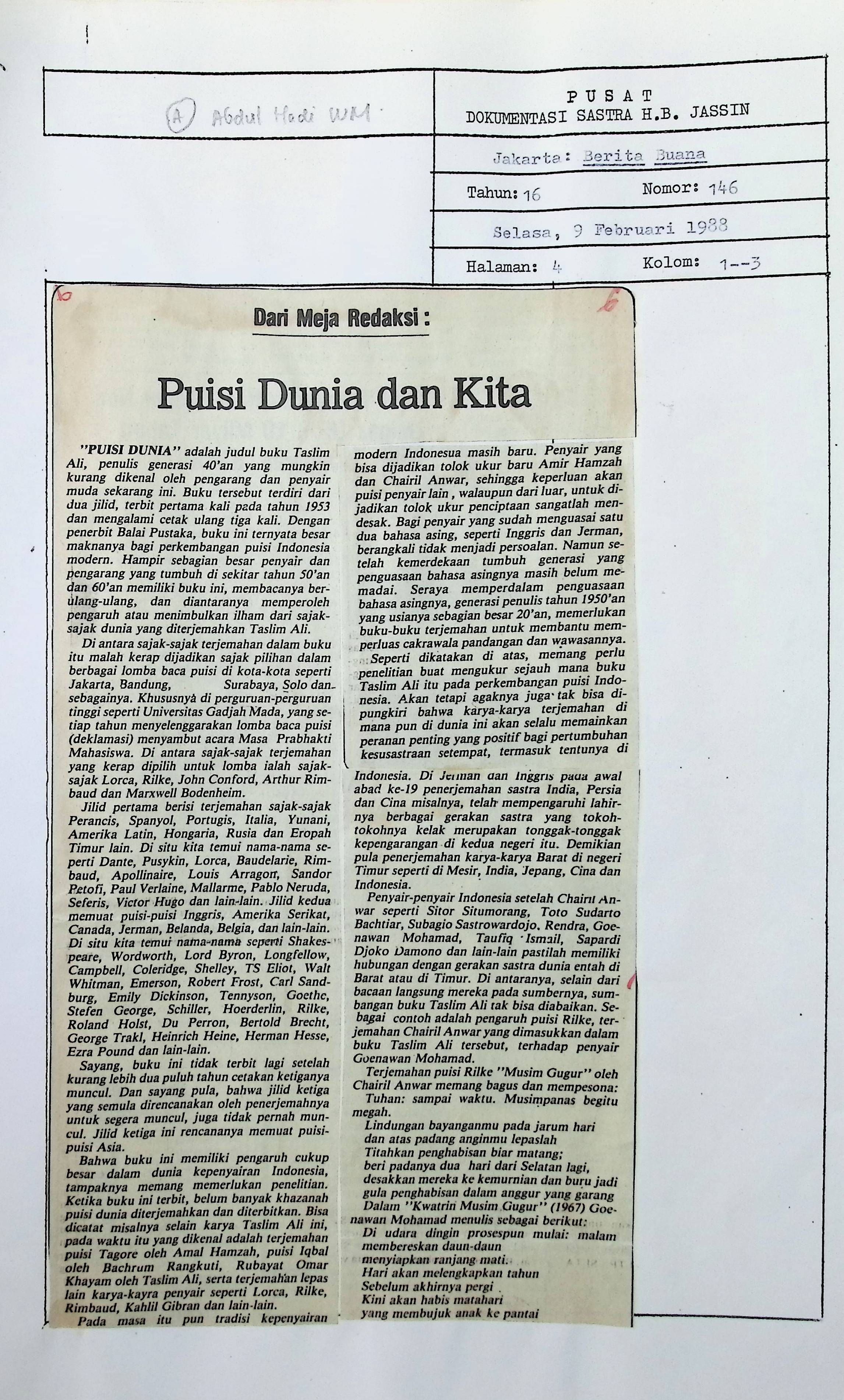 Dari meja redaksi. Puisi dunia dan kita