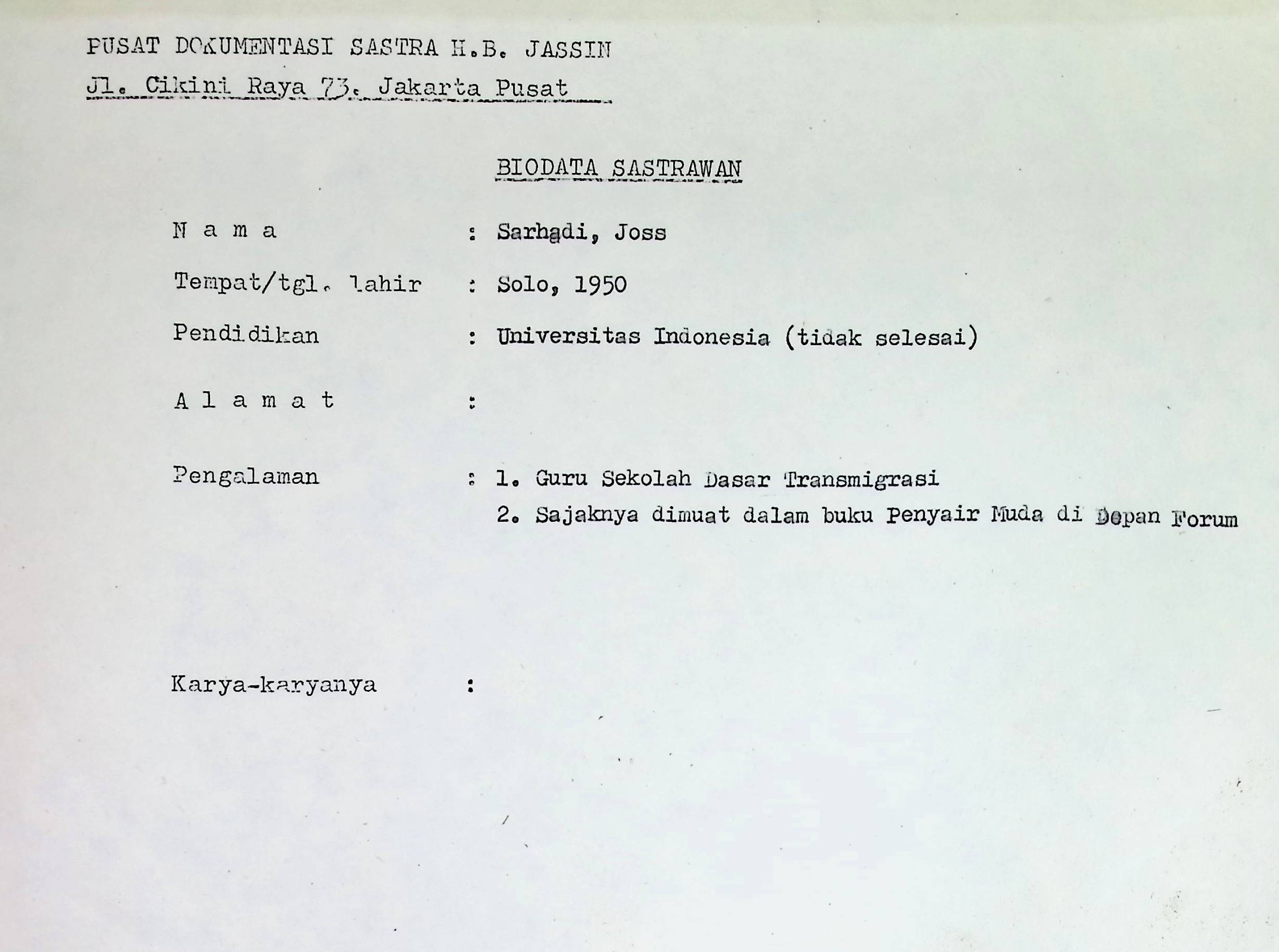 Kumpulan biografi sastrawan Indonesia: Joss Sarhadi