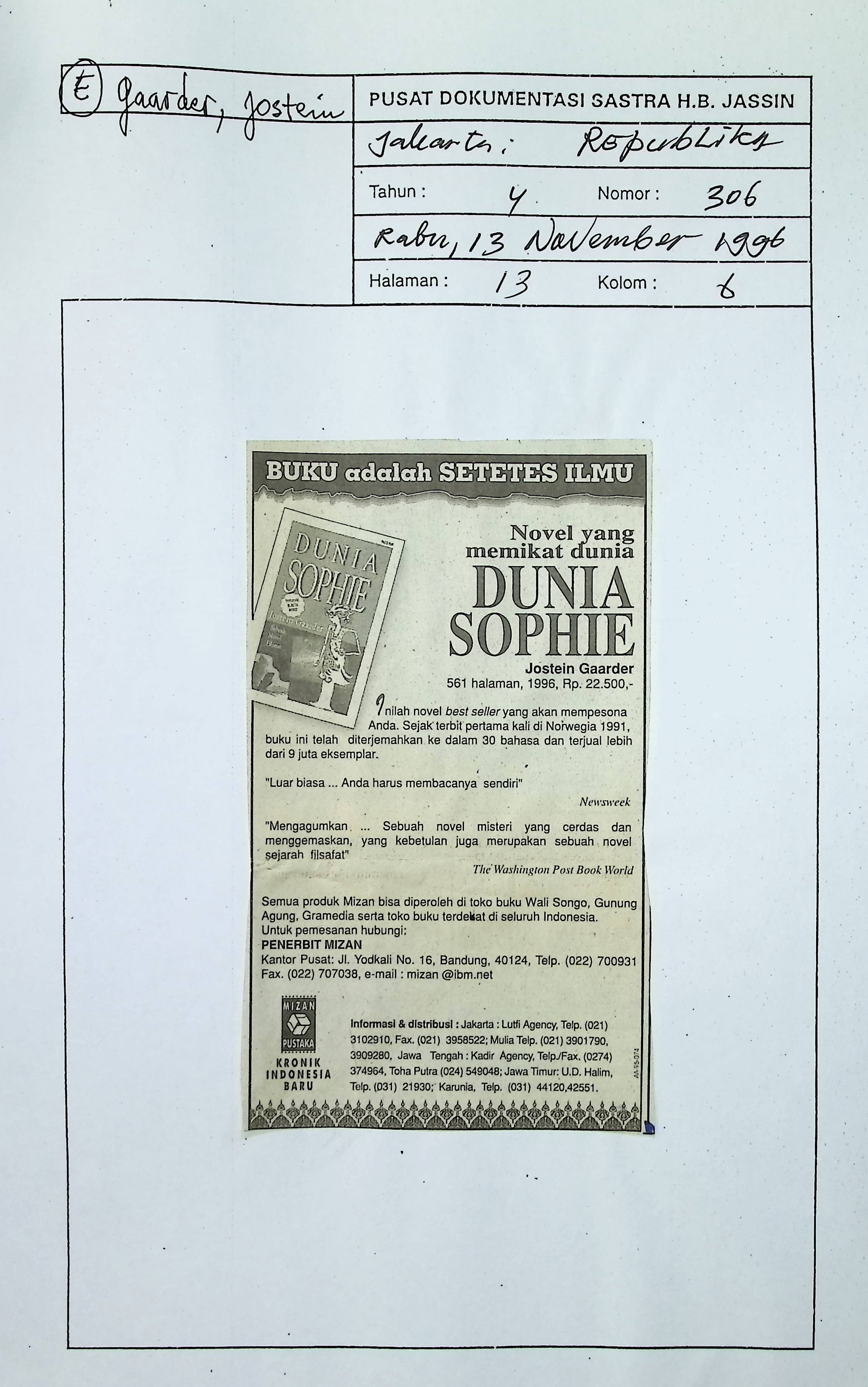 Buku adalah setetes ilmu, novel yang memikat dunia dunia Sophie