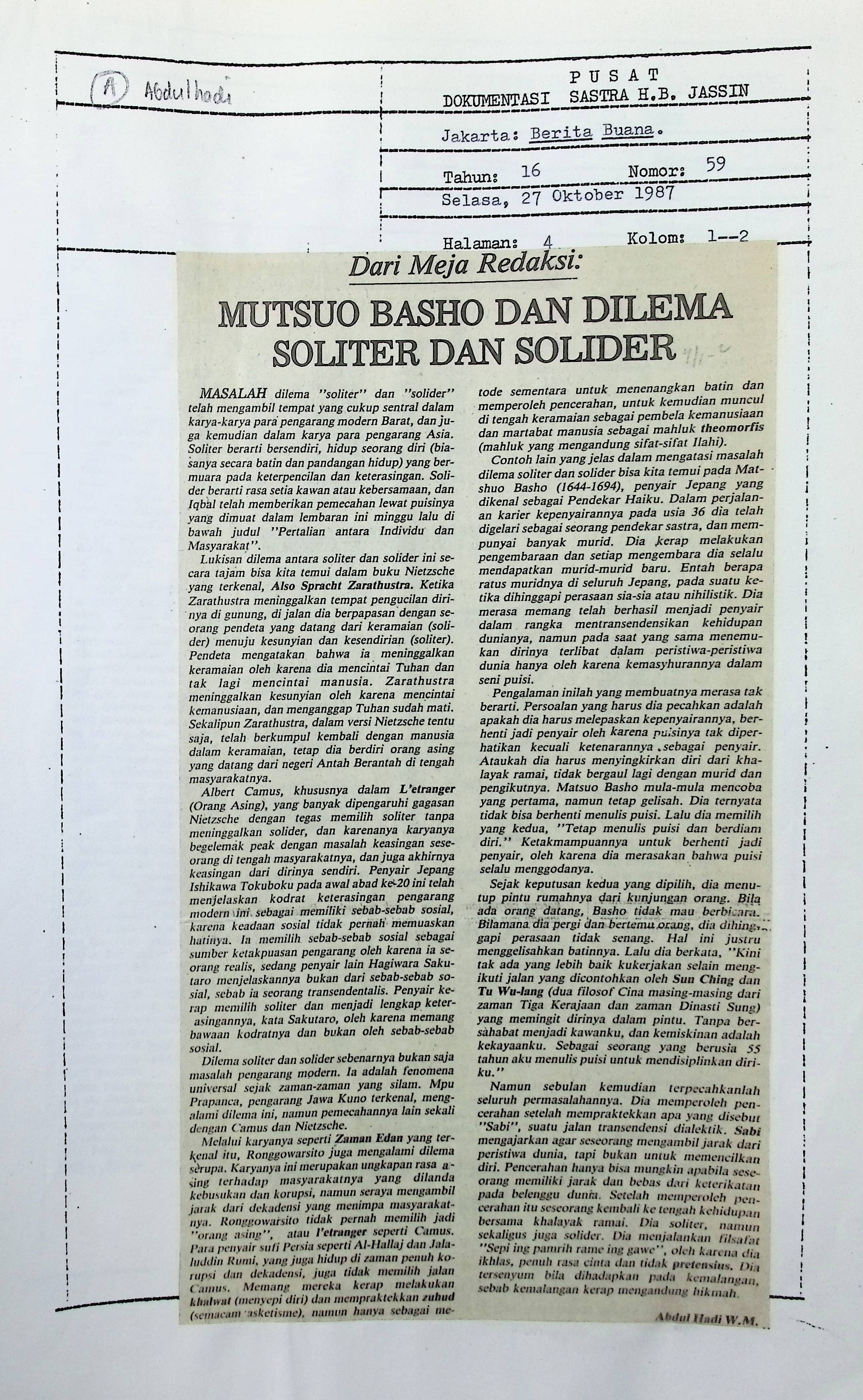 Dari meja redaksi. Mutsuo Basho dan dilema soliter dan solider
