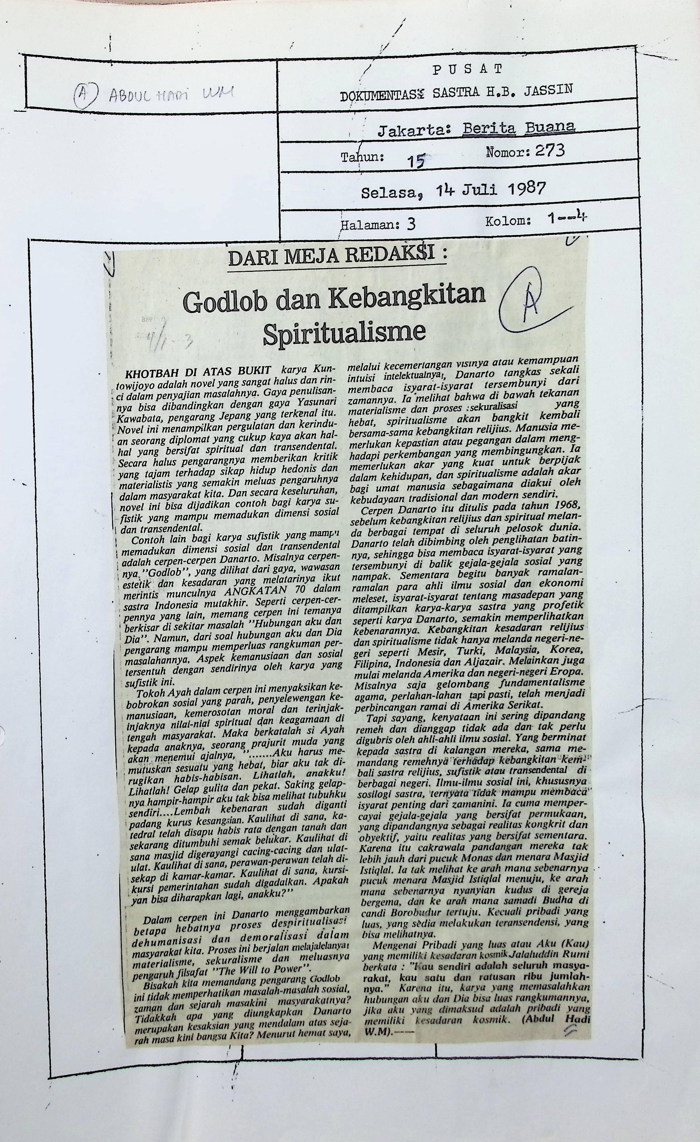 Dari meja redaksi. Godlob dan kebangkitan spiritualisme / Abdul Hadi WM