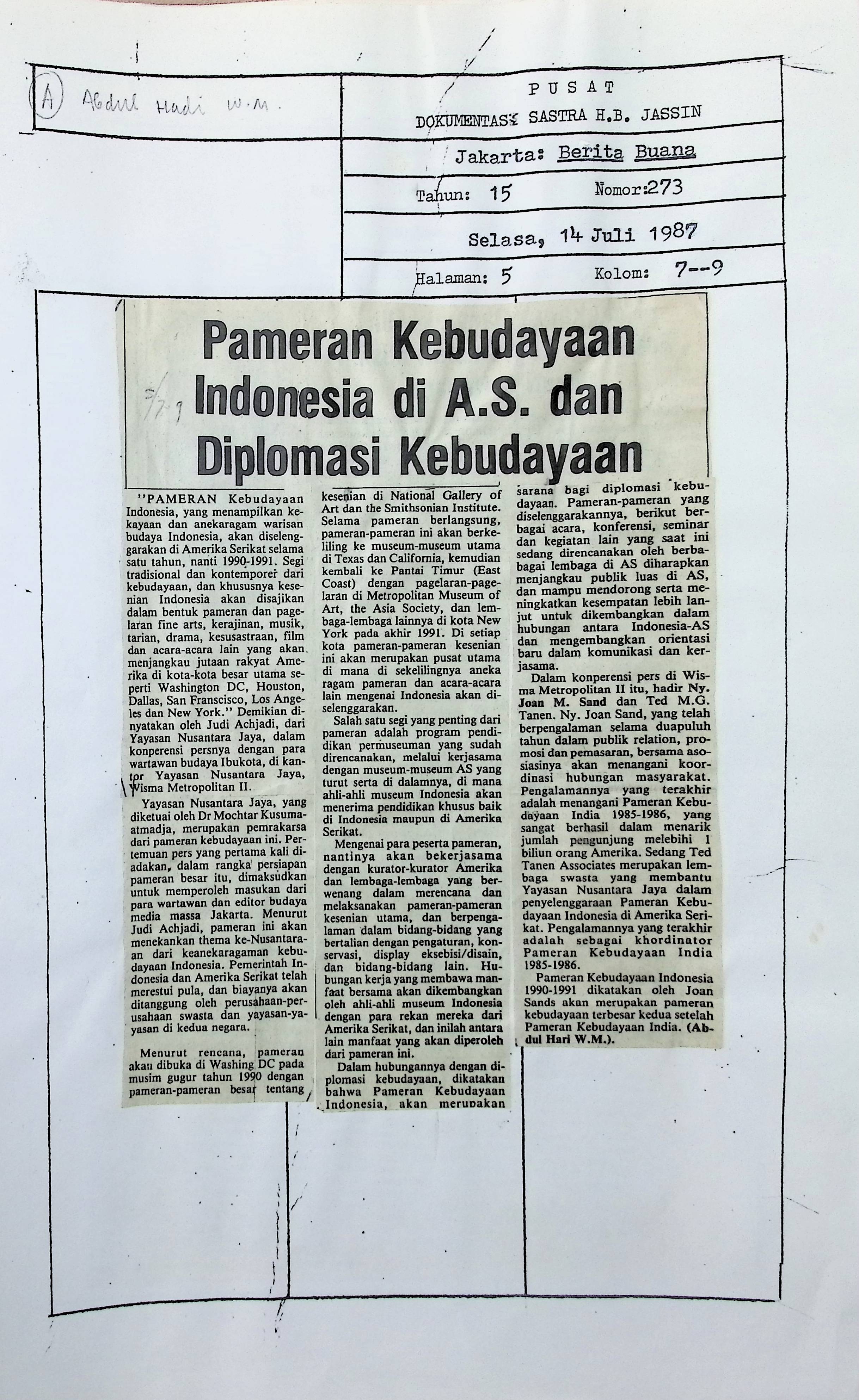 Pameran kebudayaan Indonesia di A.S. dan diplomasi kebudayaan