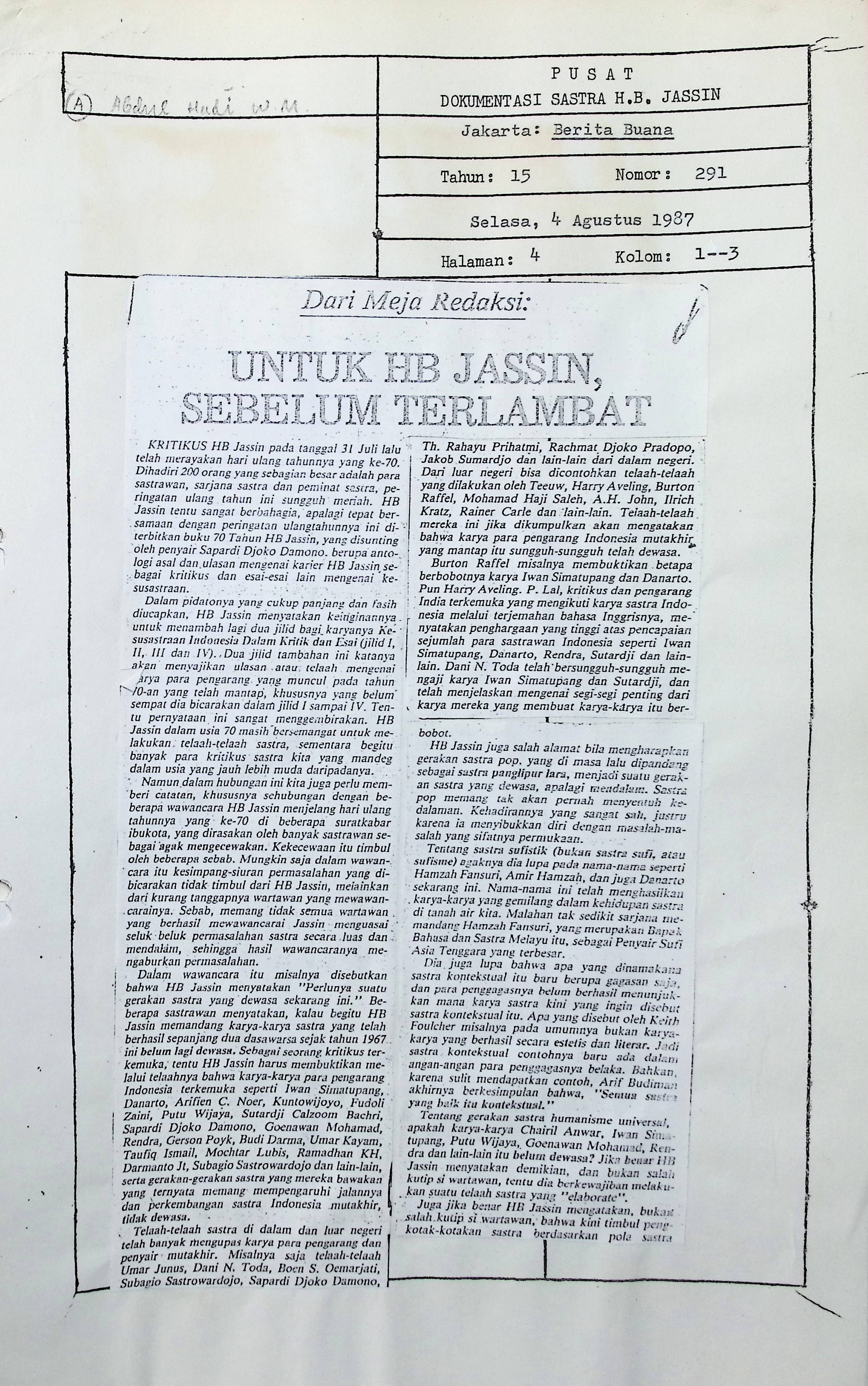 Dari meja redaksi. Untuk HB Jassin,Sebelum terlambat