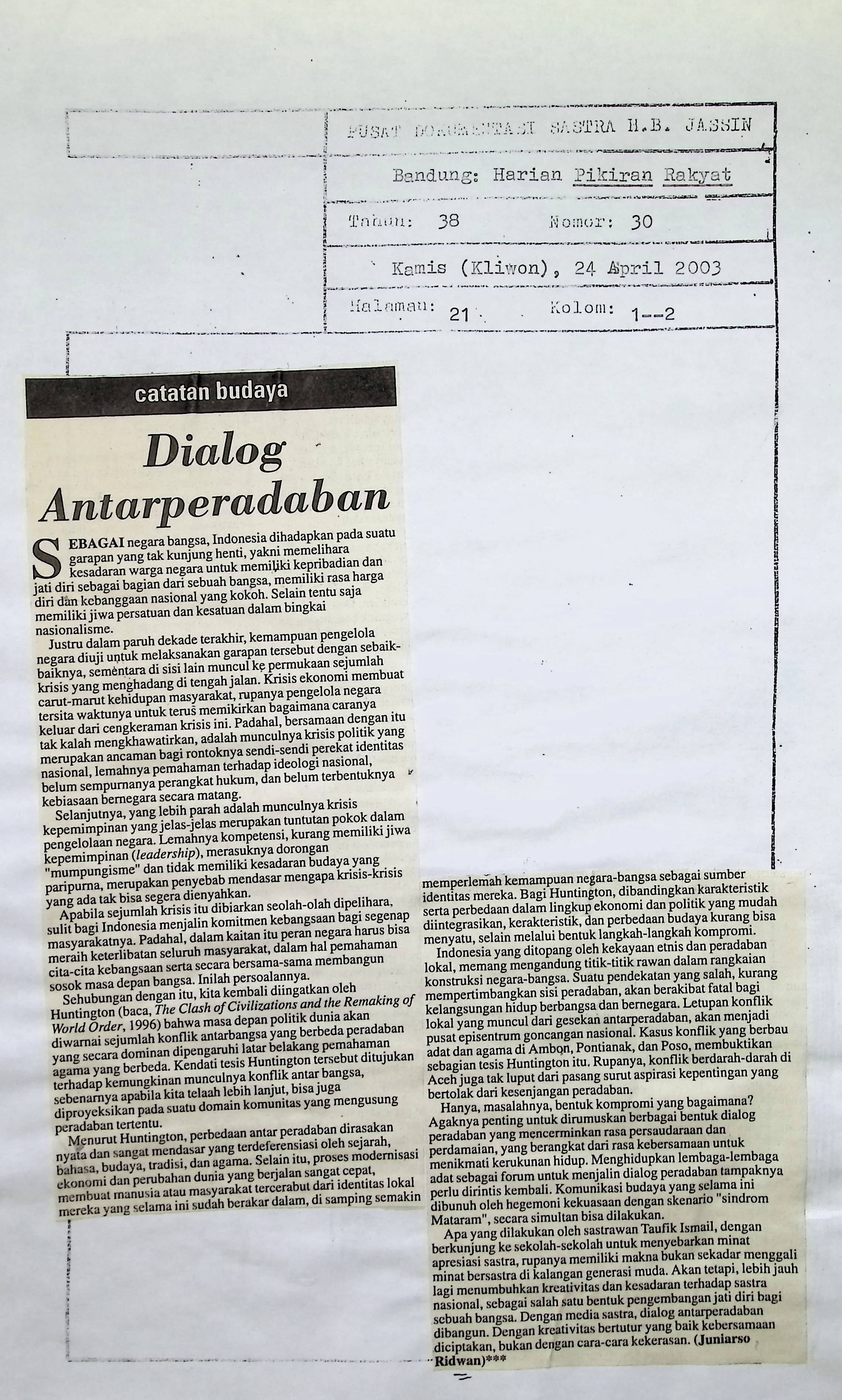Catatan budaya, dialog antarperadaban