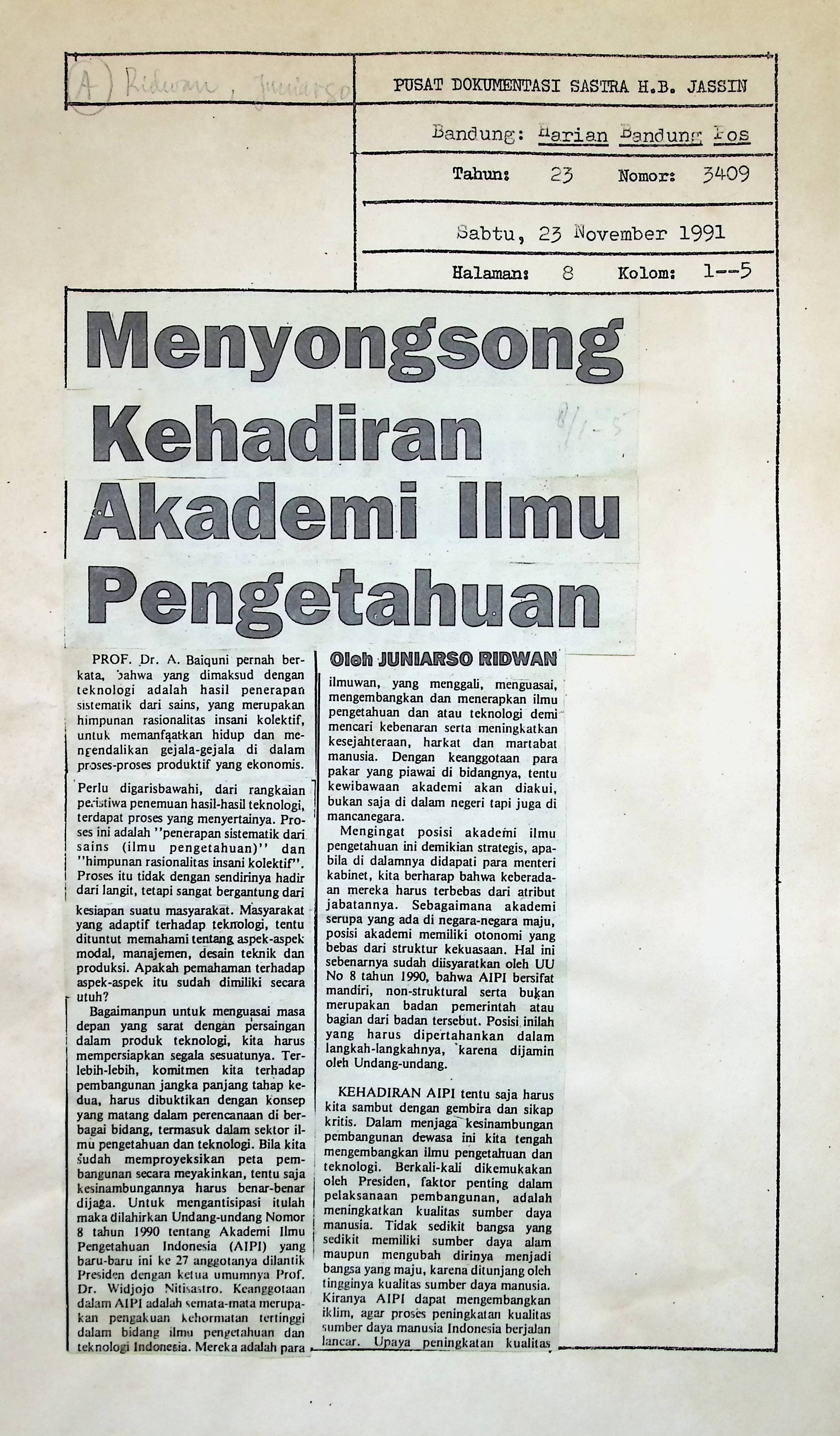 Menyongsong kehadiran akademi ilmu pengetahuan