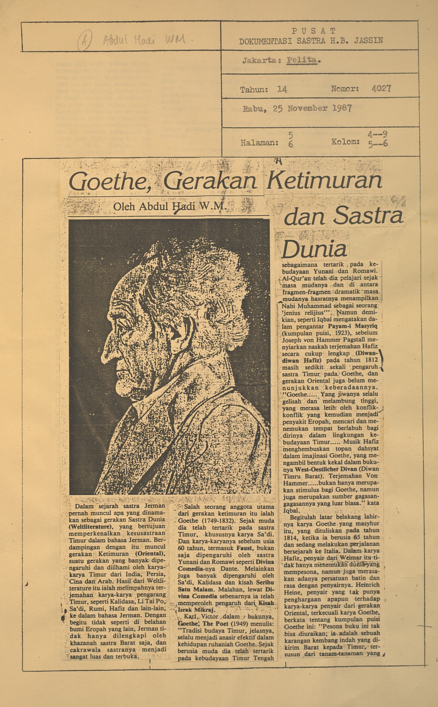 Goethe, gerakan ketimuran dan sastra dunia
