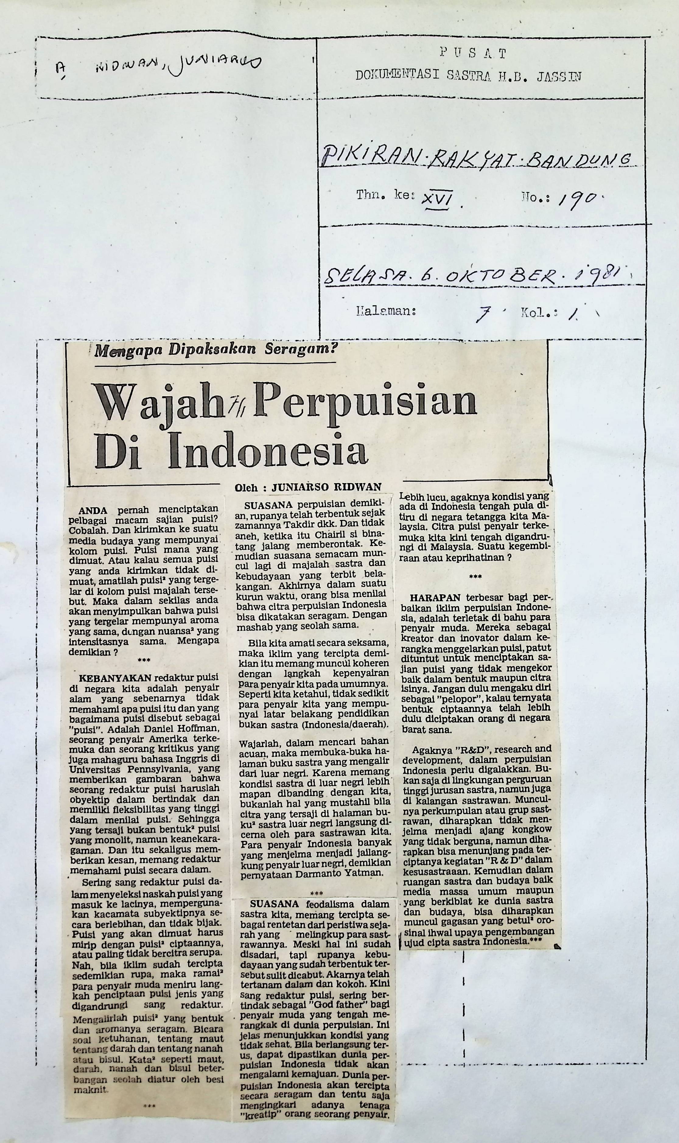 Mengapa dipaksakan seragam?, wajah perpuisian di Indonesia
