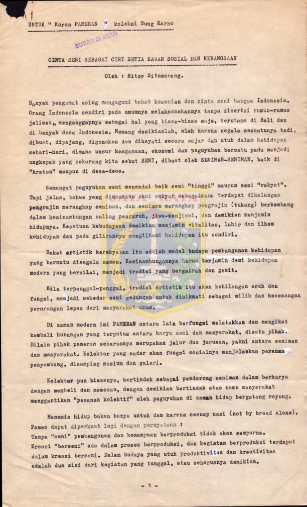 Cinta seni sebagai ciri setia kawan sosial dan kebangsaan