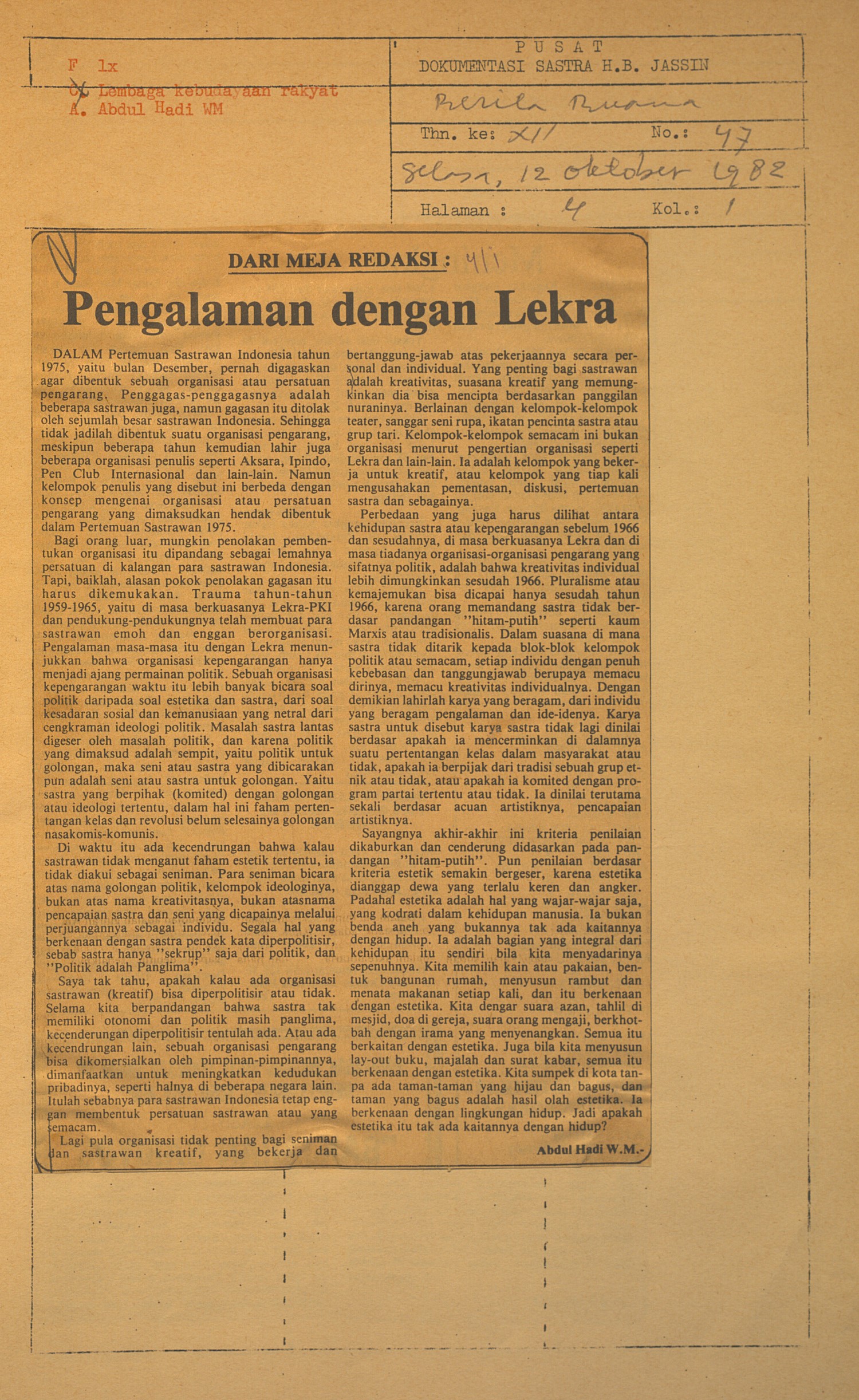 Dari meja redaksi. Pengalaman denga Lekra