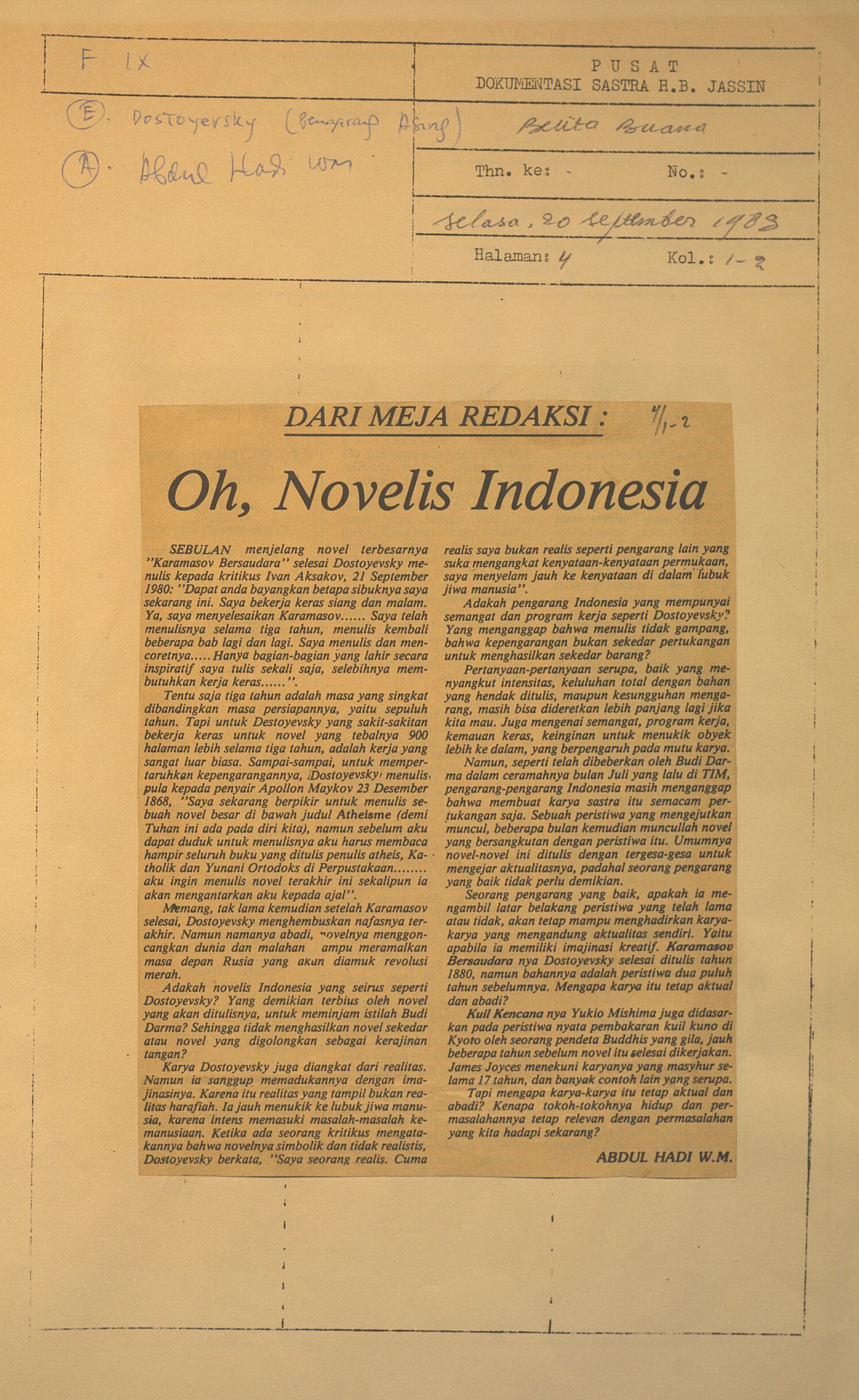 Dari meja redaksi. Oh, Novelis Indonesia