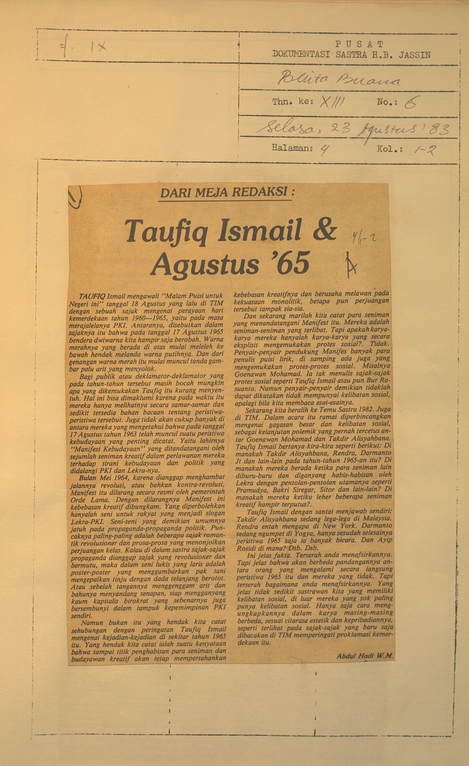 Dari meja redaksi. Taufik Ismail dan agustus '65
