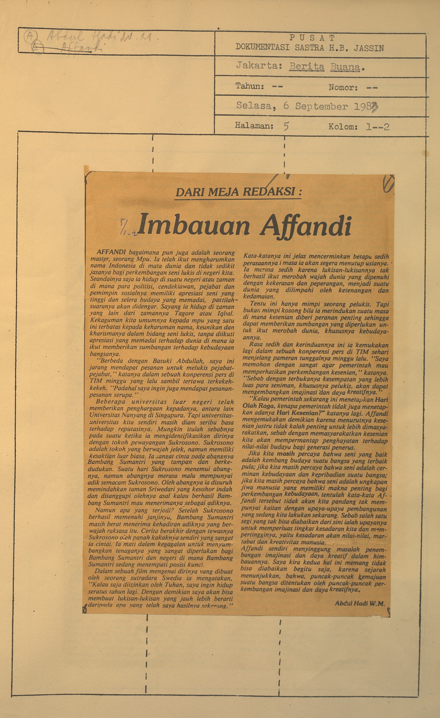 Dari meja redaksi. Imbauan Affandi