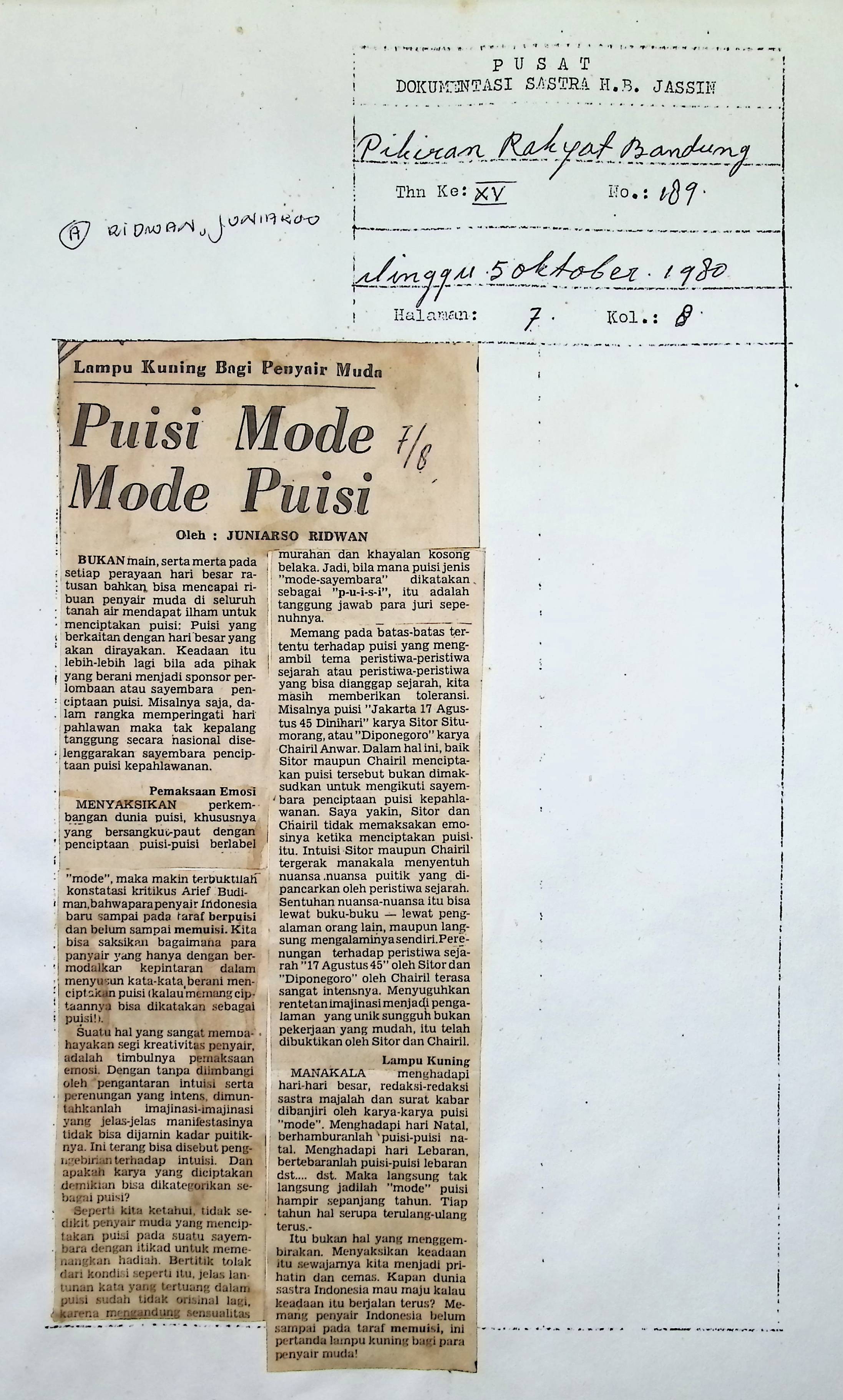 Lampu kuning bagi penyair muda, puisi mode mode puisi