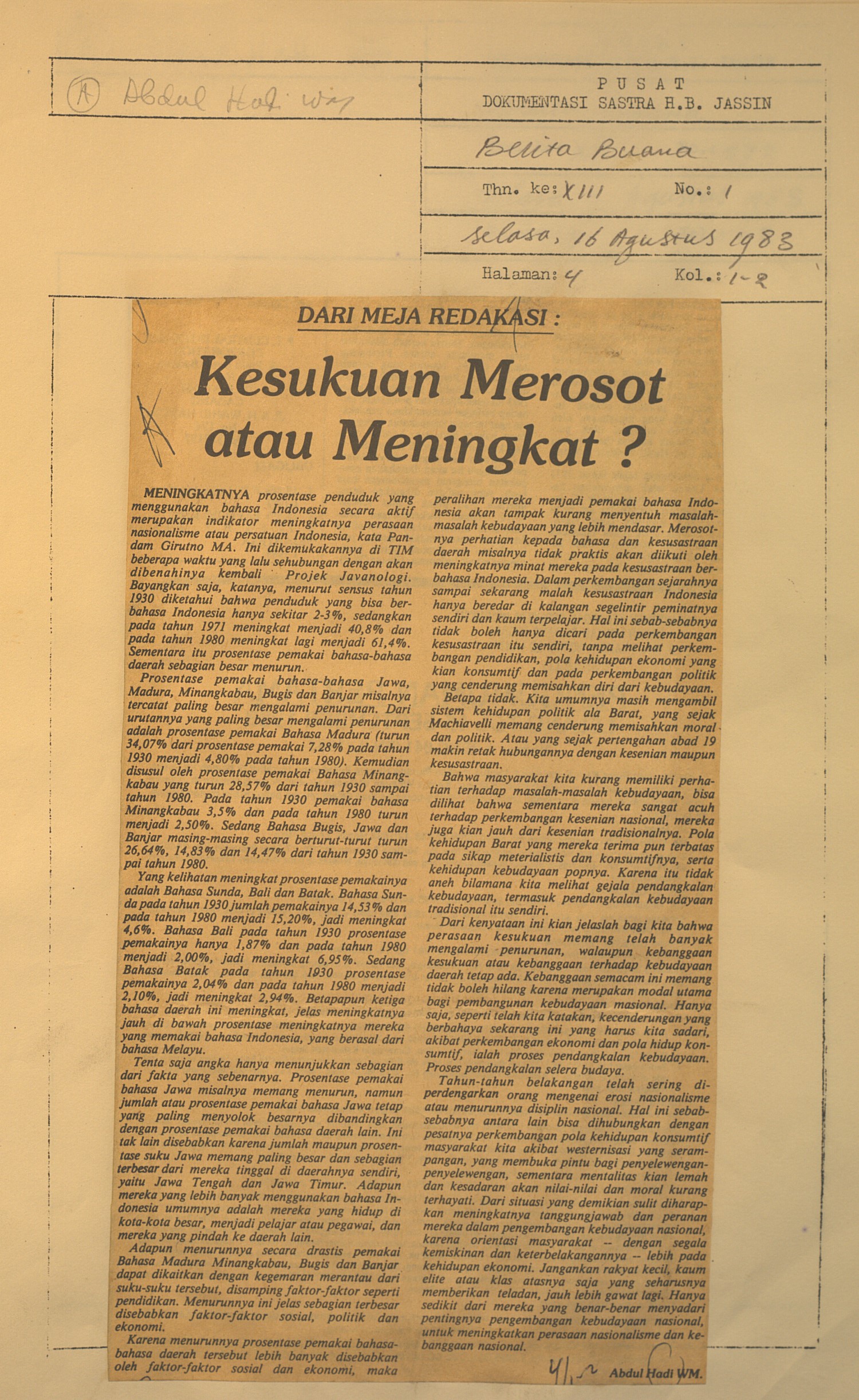 Dari meja redaksi. Kesukuan merosot atau meningkat
