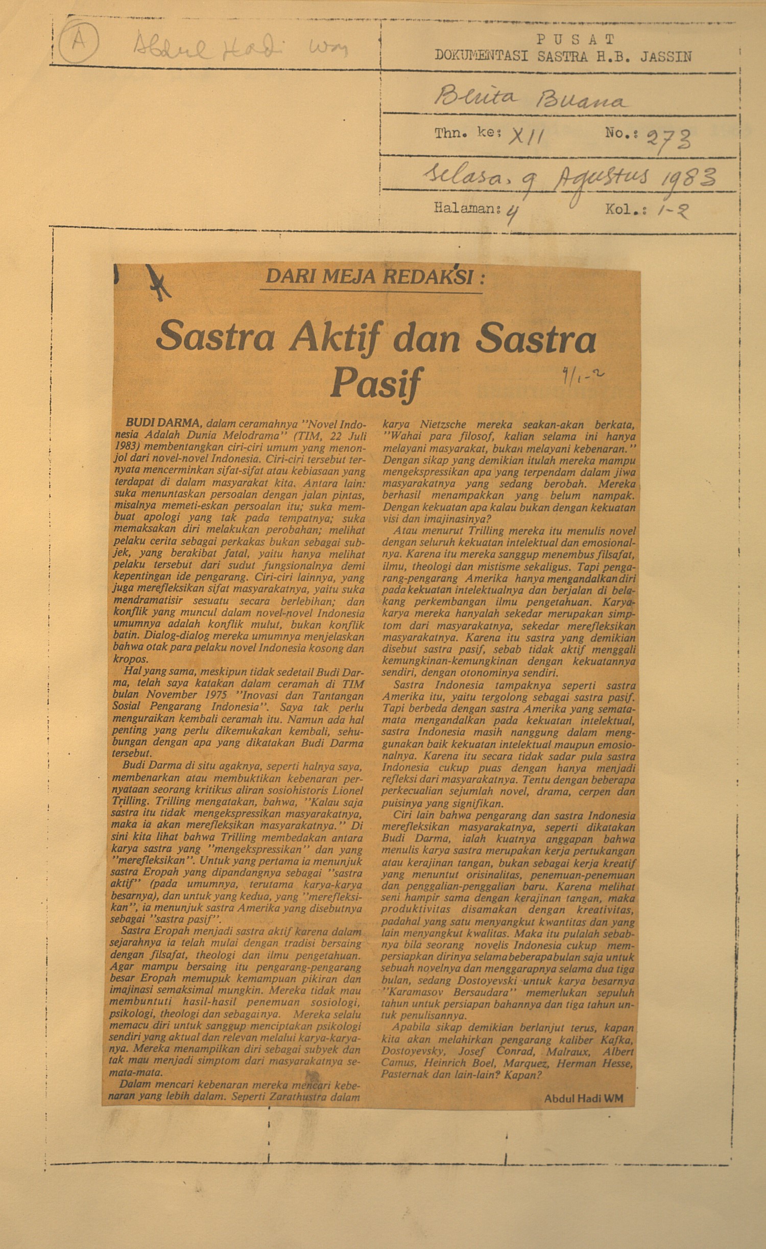 Dari meja redaksi. Sastra aktif dan sastra pasif