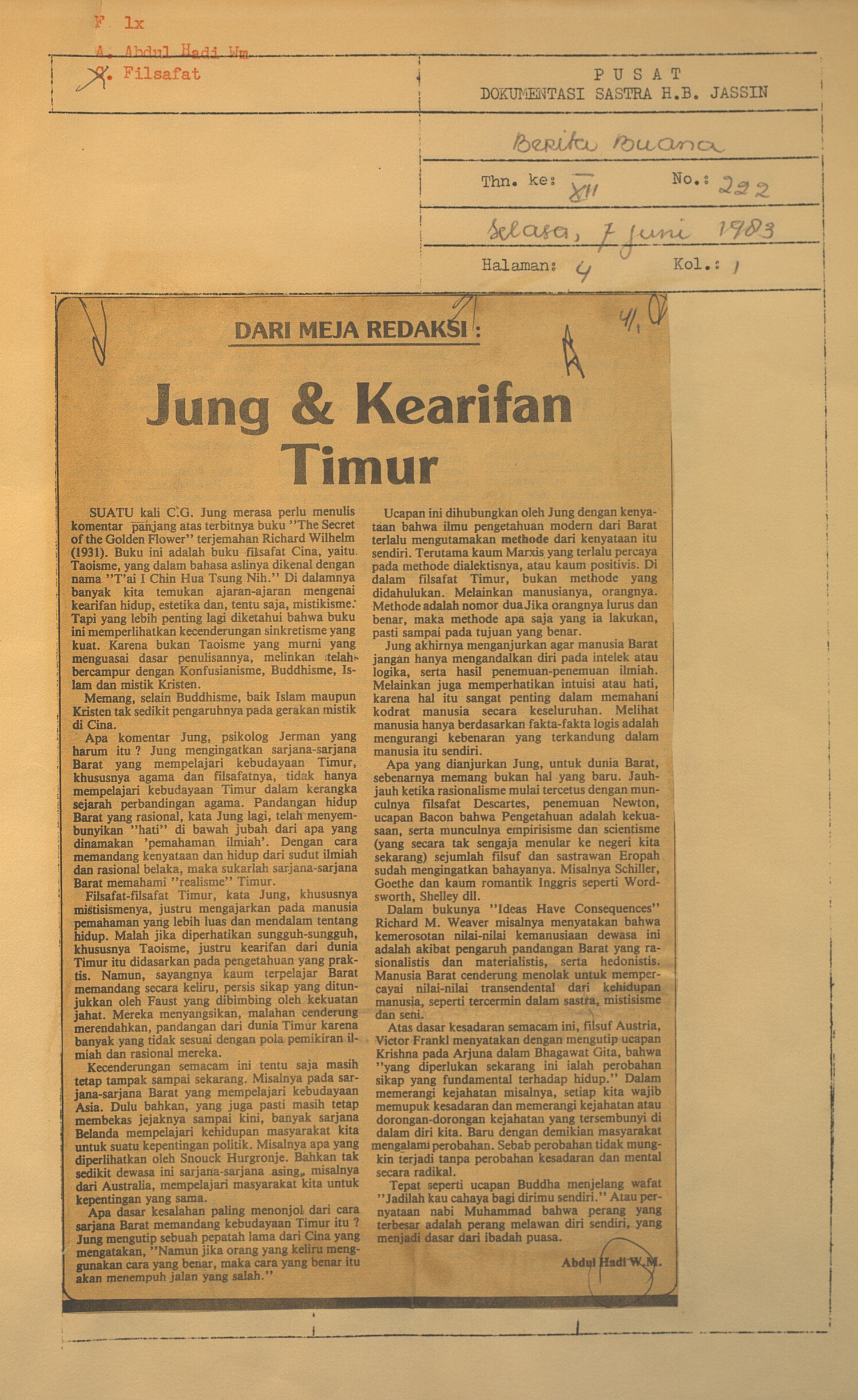 Dari meja redaksi. Jung dan kearifan timur / Abdul Hadi WM