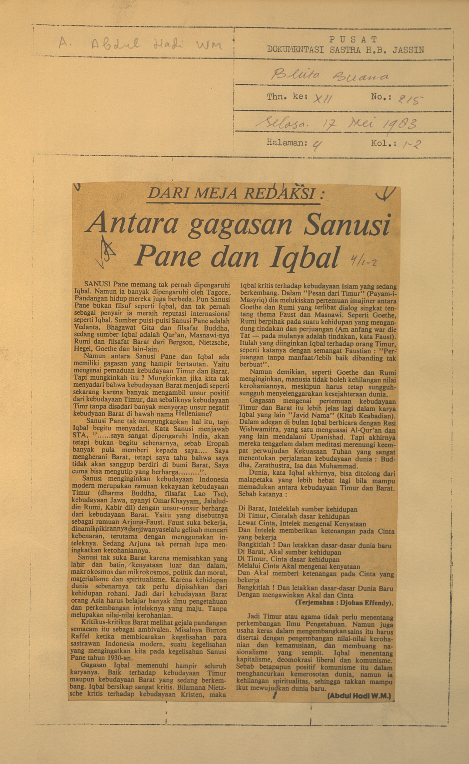 Dari meja redaksi. Antara gagasan Sanusi Pane dan Iqbal