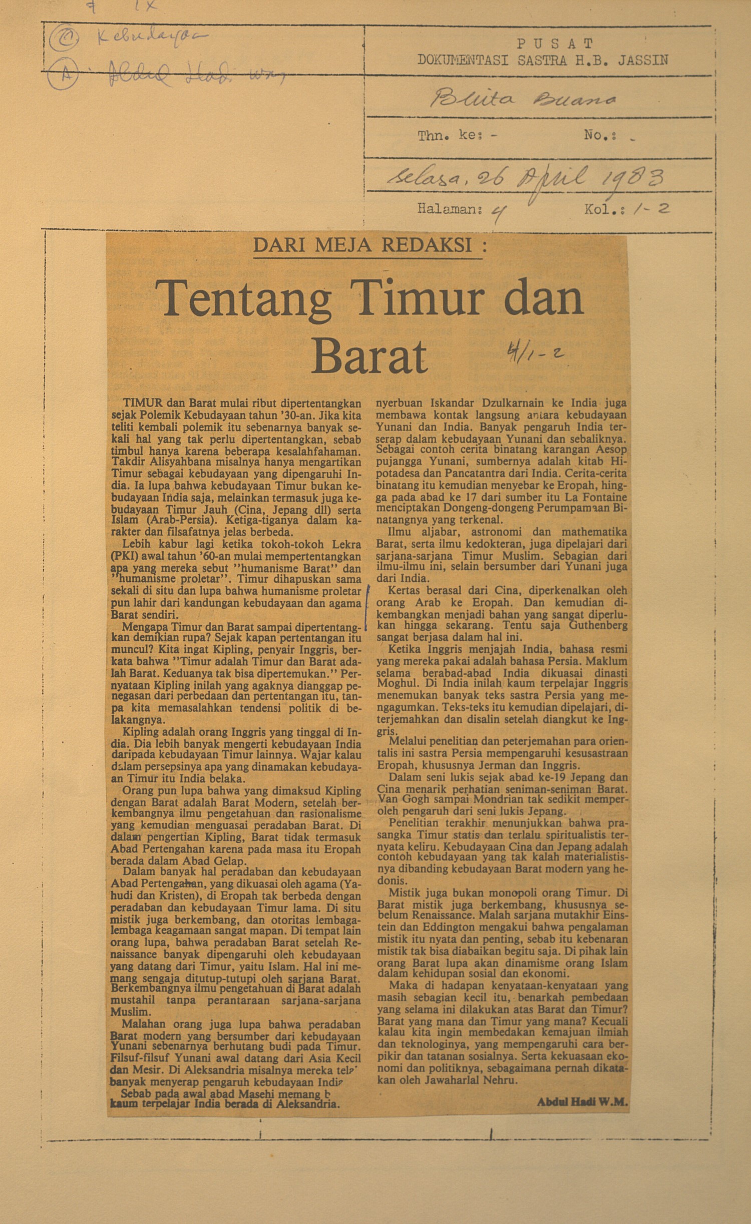Dari meja redaksi. Tentang timur dan barat