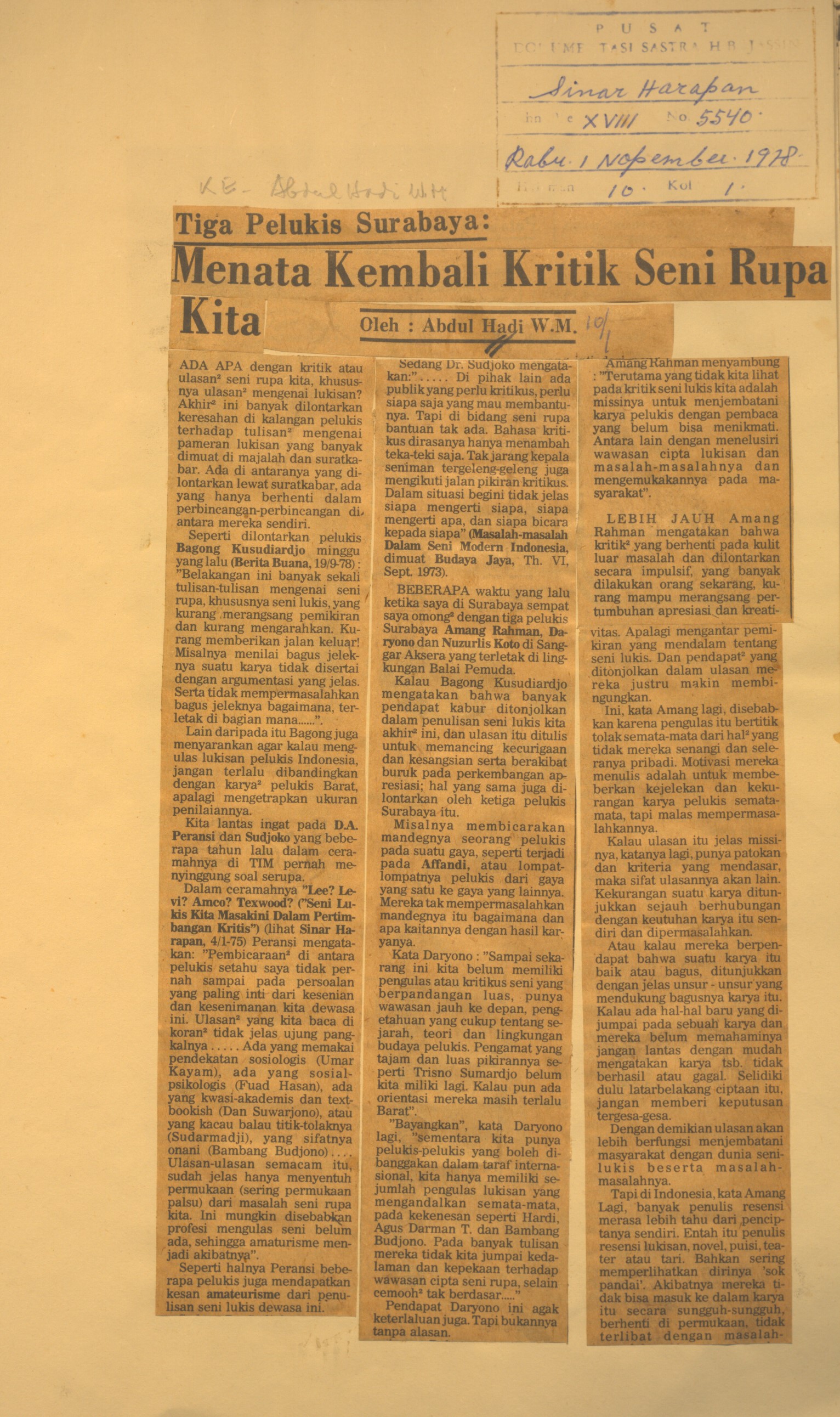 Tiga pelukis Surabaya. Menata kembali kritik seni rupa kita