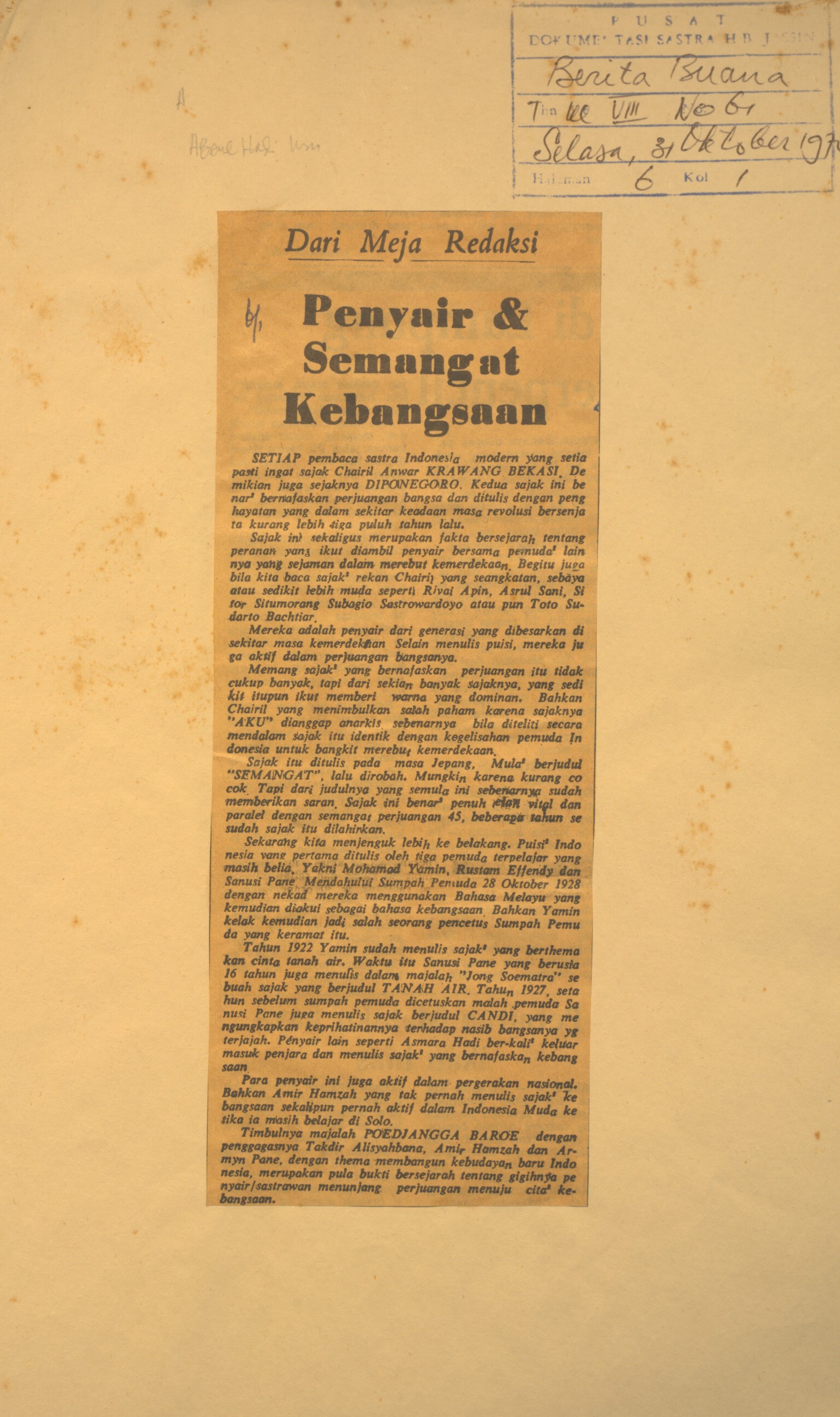 Dari meja redaksi. Penyair dan semangat kebangsaan