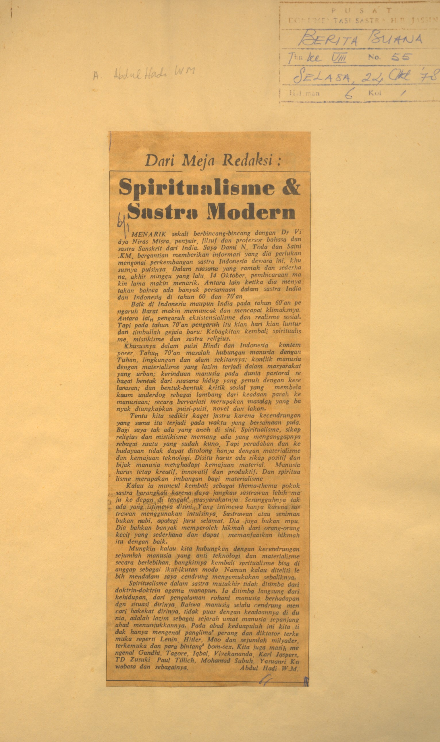 Dari meja redaksi. Spiritualisme dan sastra modern