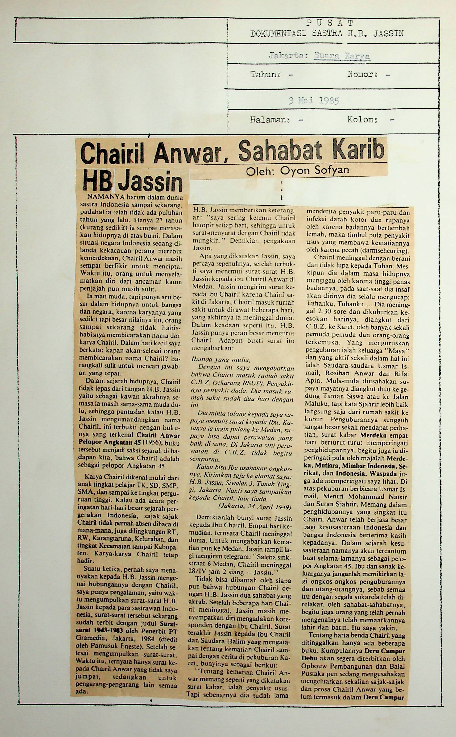 Chairil Anwar sahabat karib HB Jassin