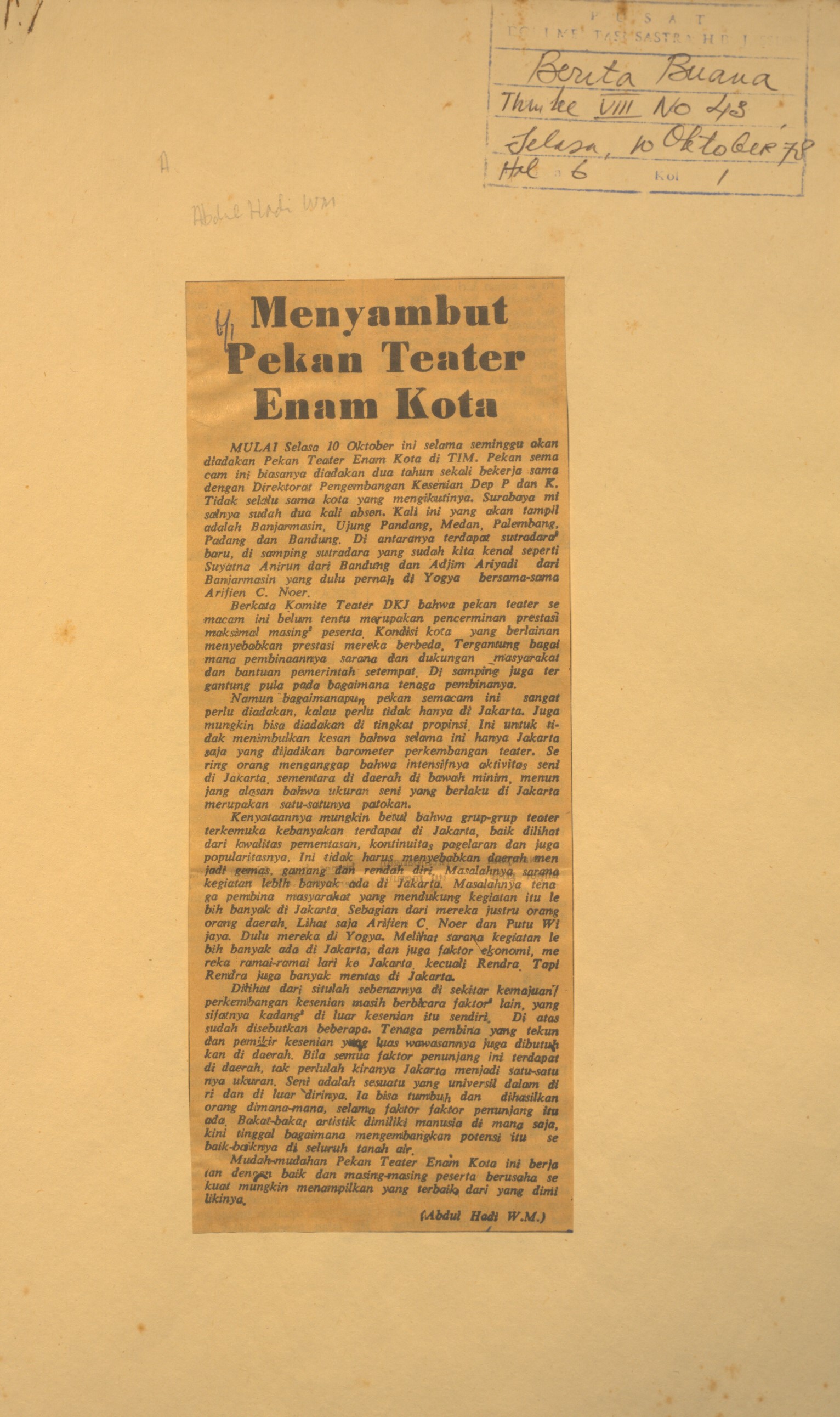 Menyambut pekan teater enam kota