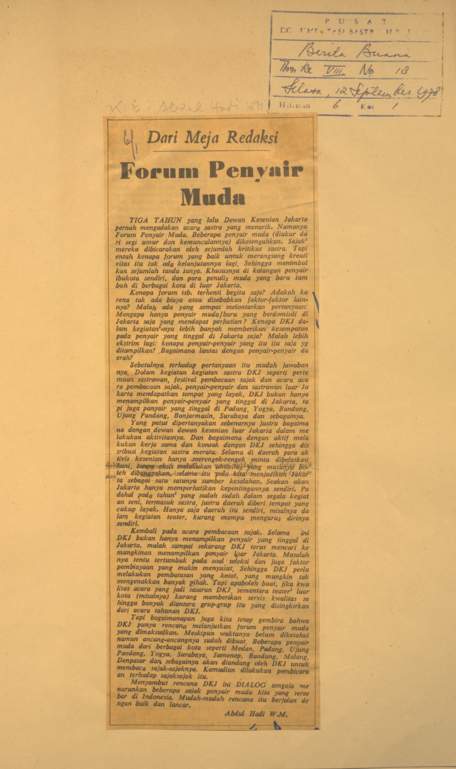 Dari meja redaksi. Forum penyair muda