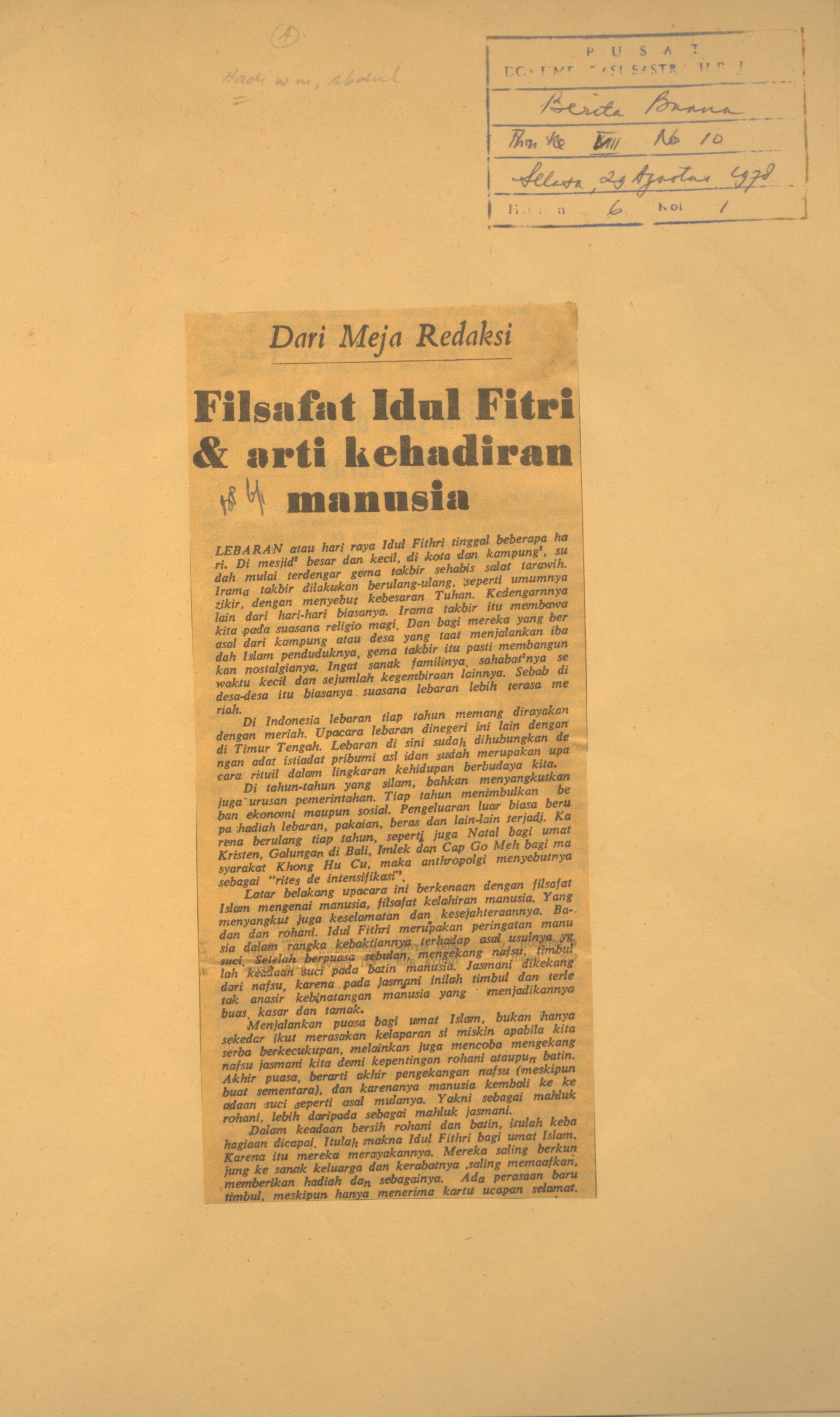 Dari meja redaksi. Filsafat Idul fitri dan arti kehadiran manusia