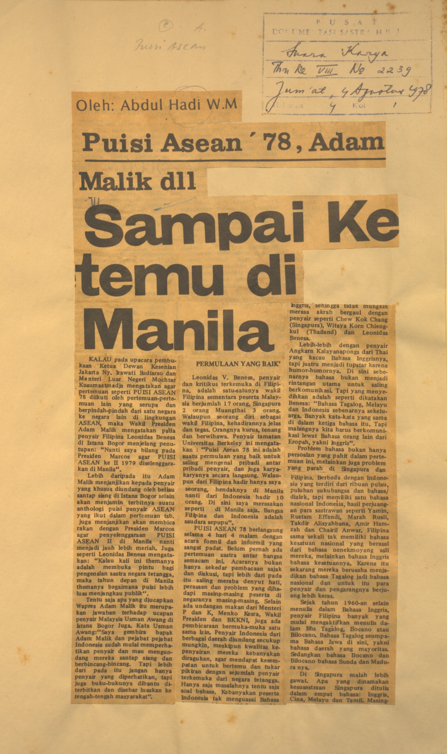 Puisi Asean '78, Adam Malik dll. Sampai ketemu di Manila