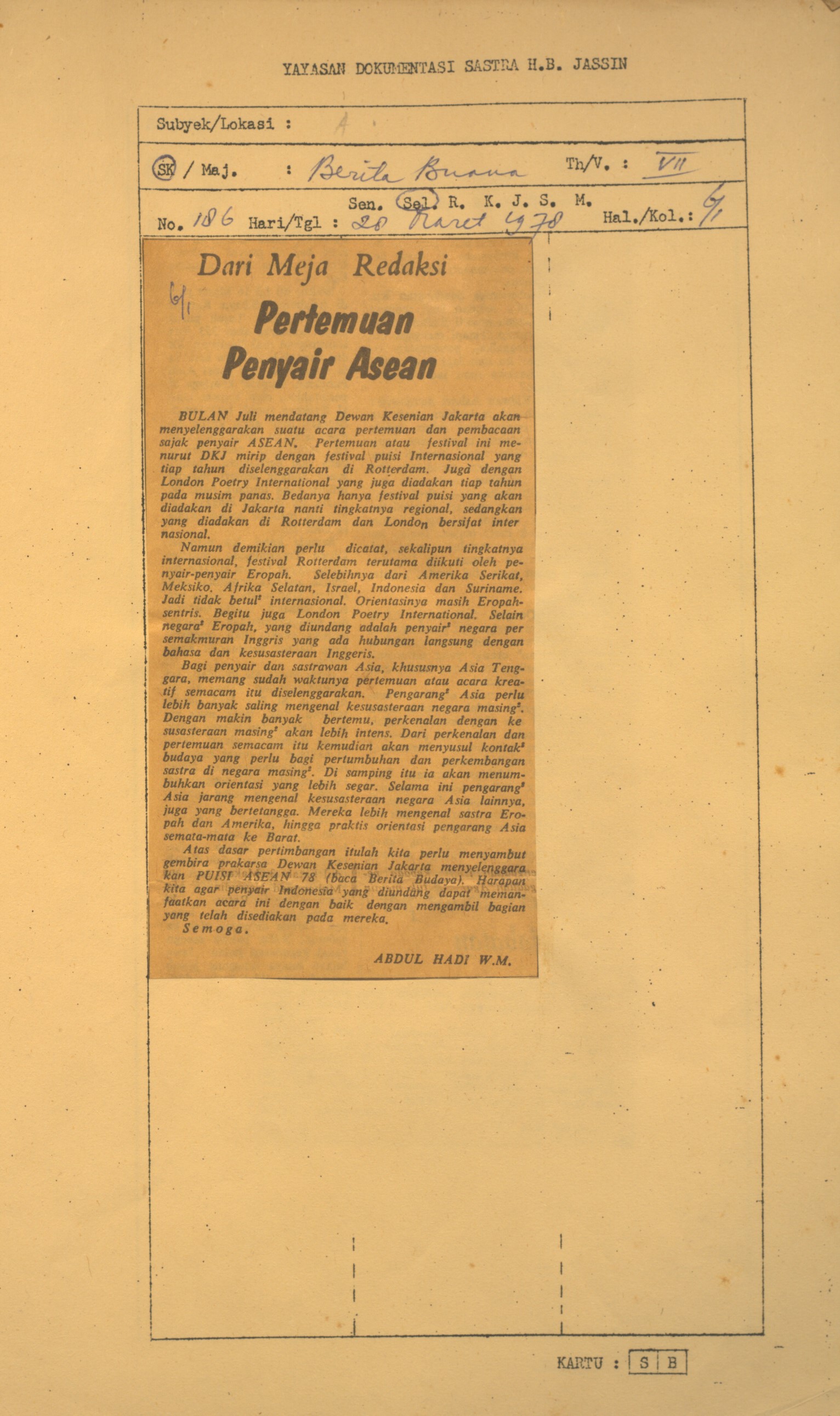 Dari meja redaksi. Pertemuan penyair Asean