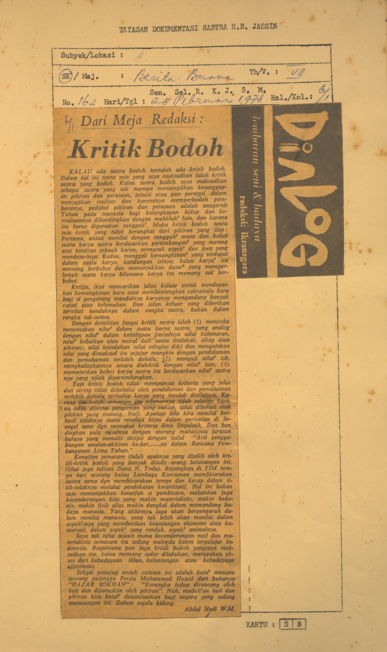Dari meja redaksi. Kritik bodoh