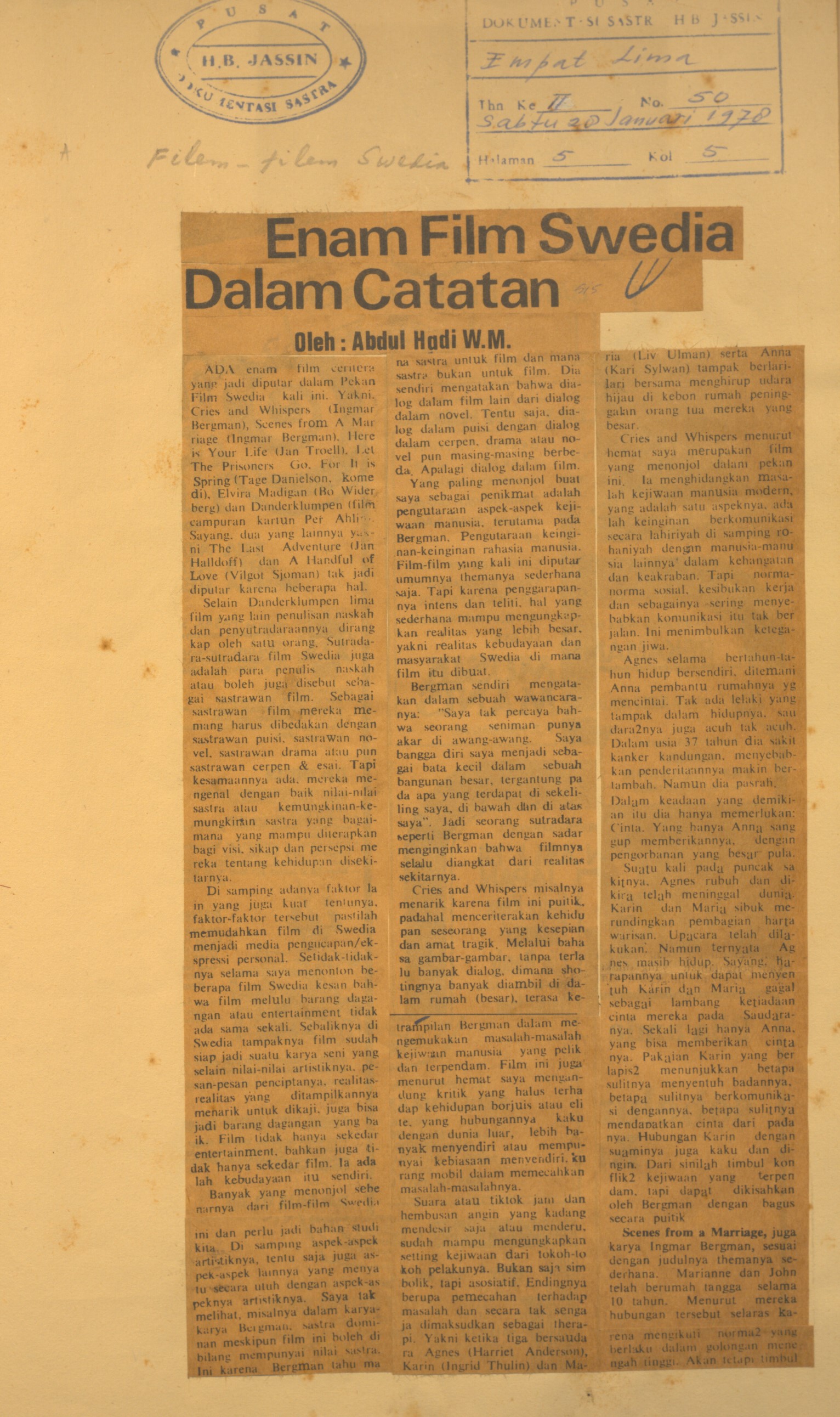 Enam film Swedia dalam catatan / Abdul Hadi WM