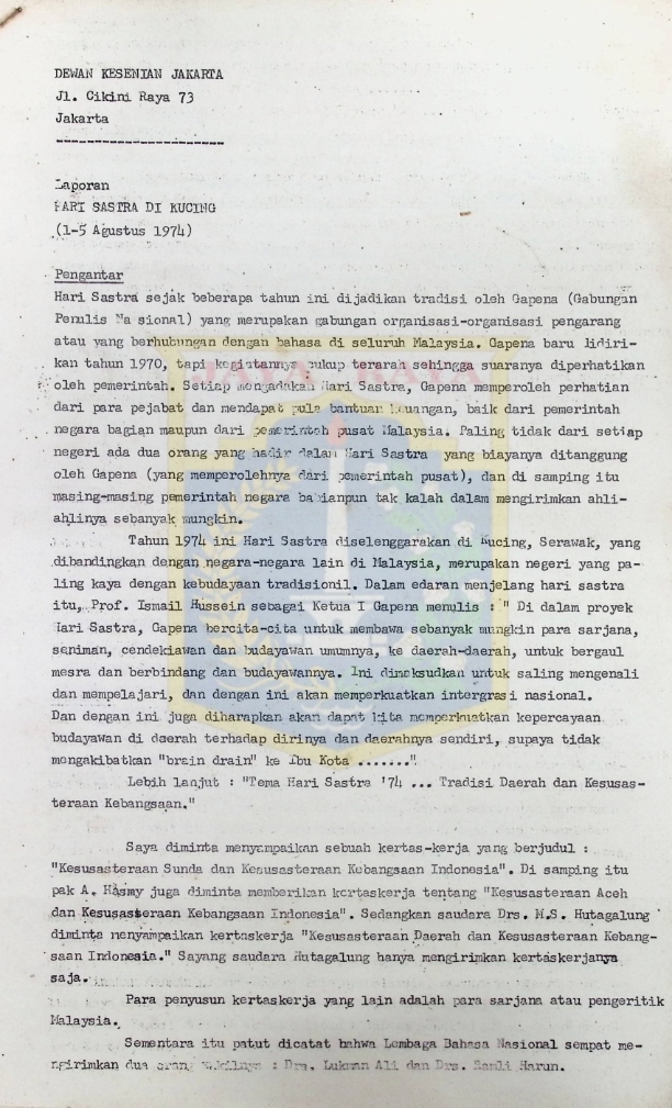 Dewan kesenian jakarta Jl.Cikini Raya 73 Jakarta : Laporan PART SASTRA DI KUCING (1-5 Agustus1974)