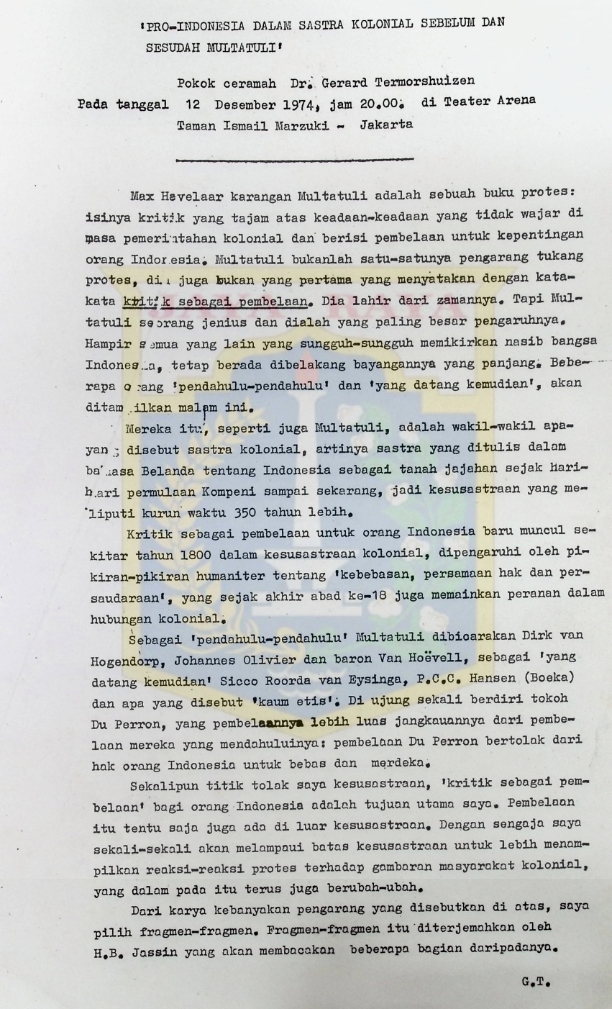 Pro - indonesia dalam sastra kolonial sebelum dan sesudah multatuli : pokok ceramah Dr.Gerard Termorshuizen pada tanggal 12 desember 1974, jam 20.00 di teater arena Taman Ismail Marzuki - Jakarta