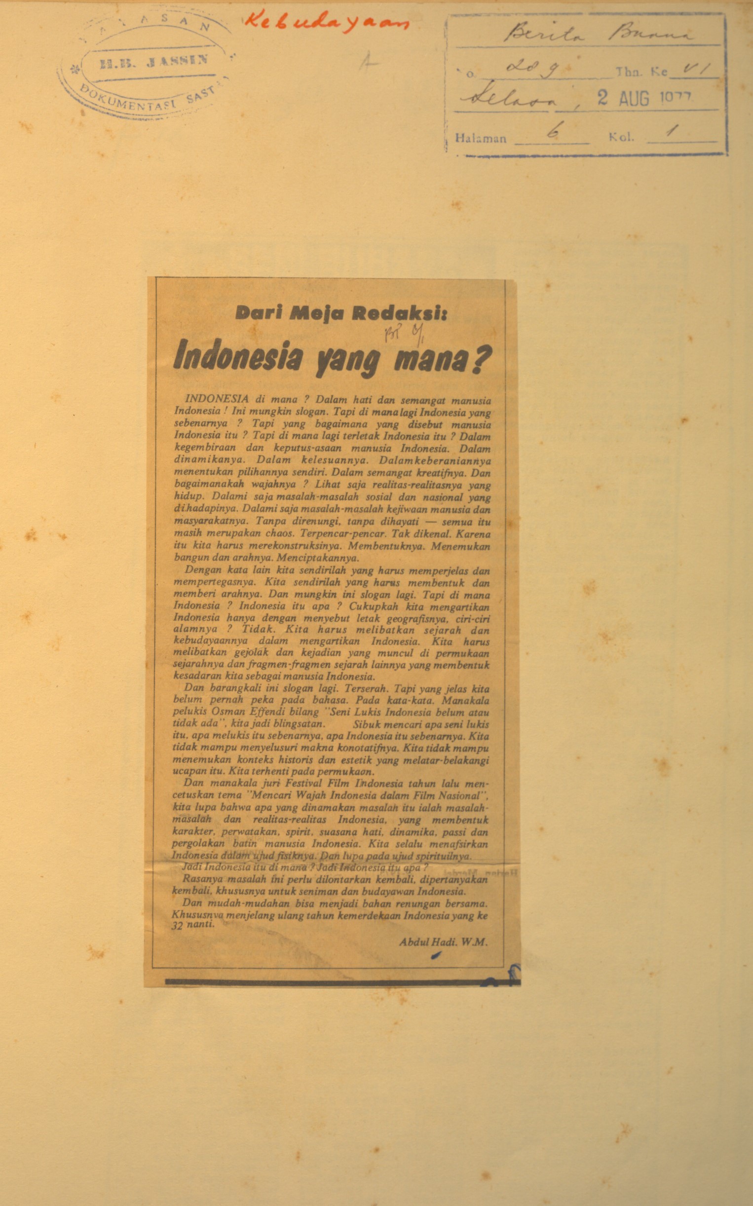 Dari meja redaksi. Indonesia yang mana / Abdul Hadi WM