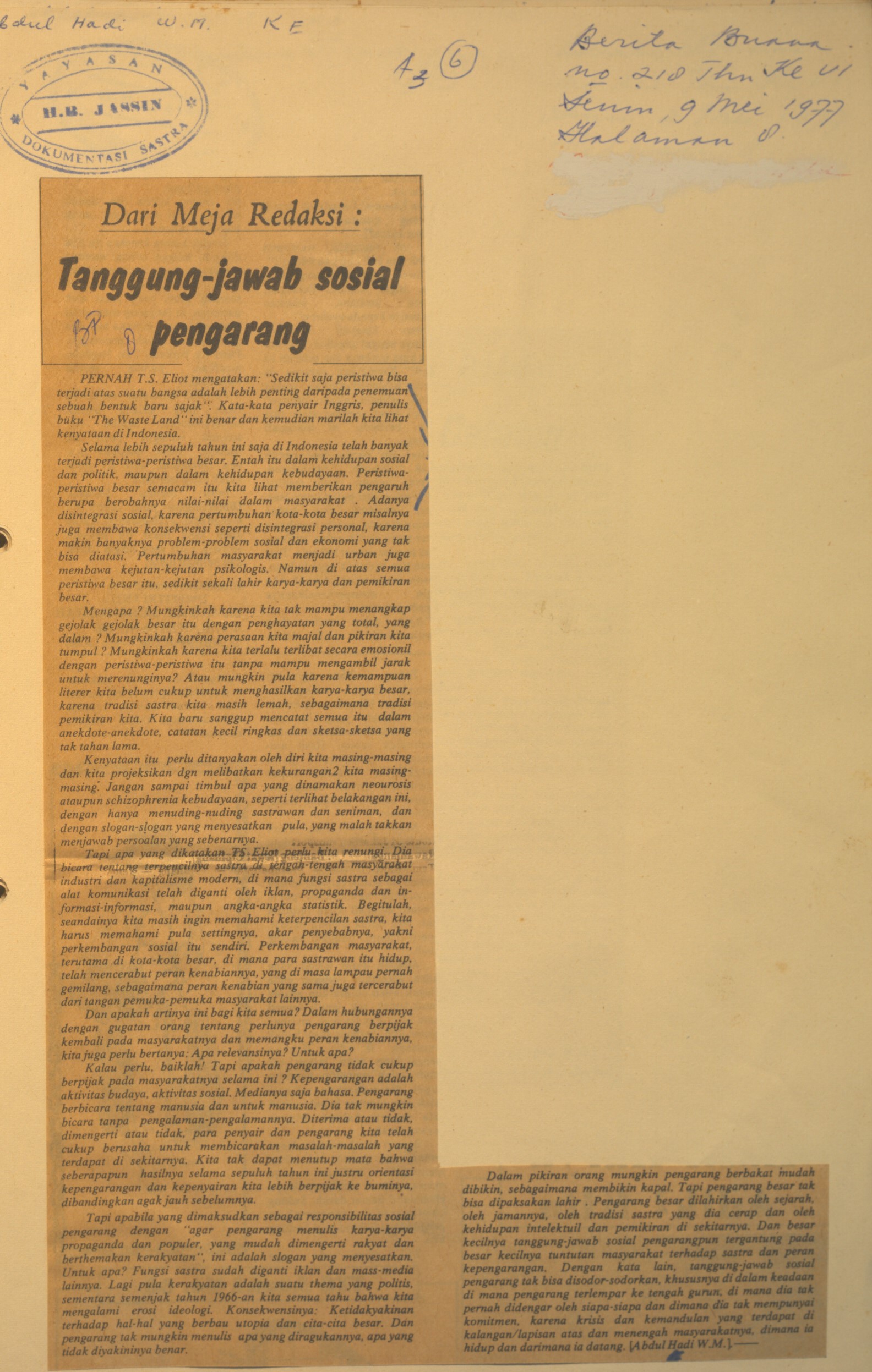 Dari meja redaksi. Tanggung-jawab sosial pengarang / Abdul Hadi WM