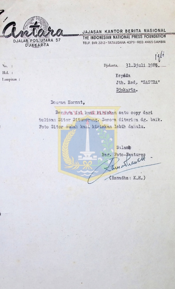 Surat untuk Red Sastra dari jajasan kantor berita nasional