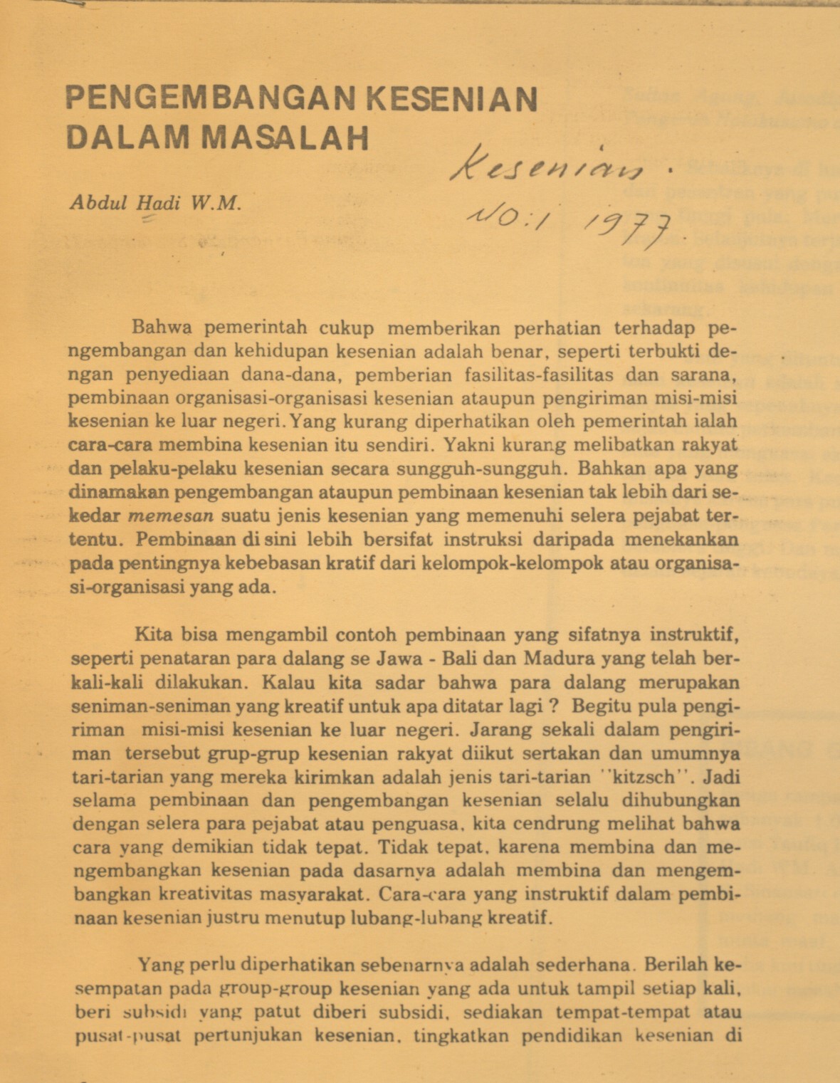 Perkembangan kesenian dalam masalah