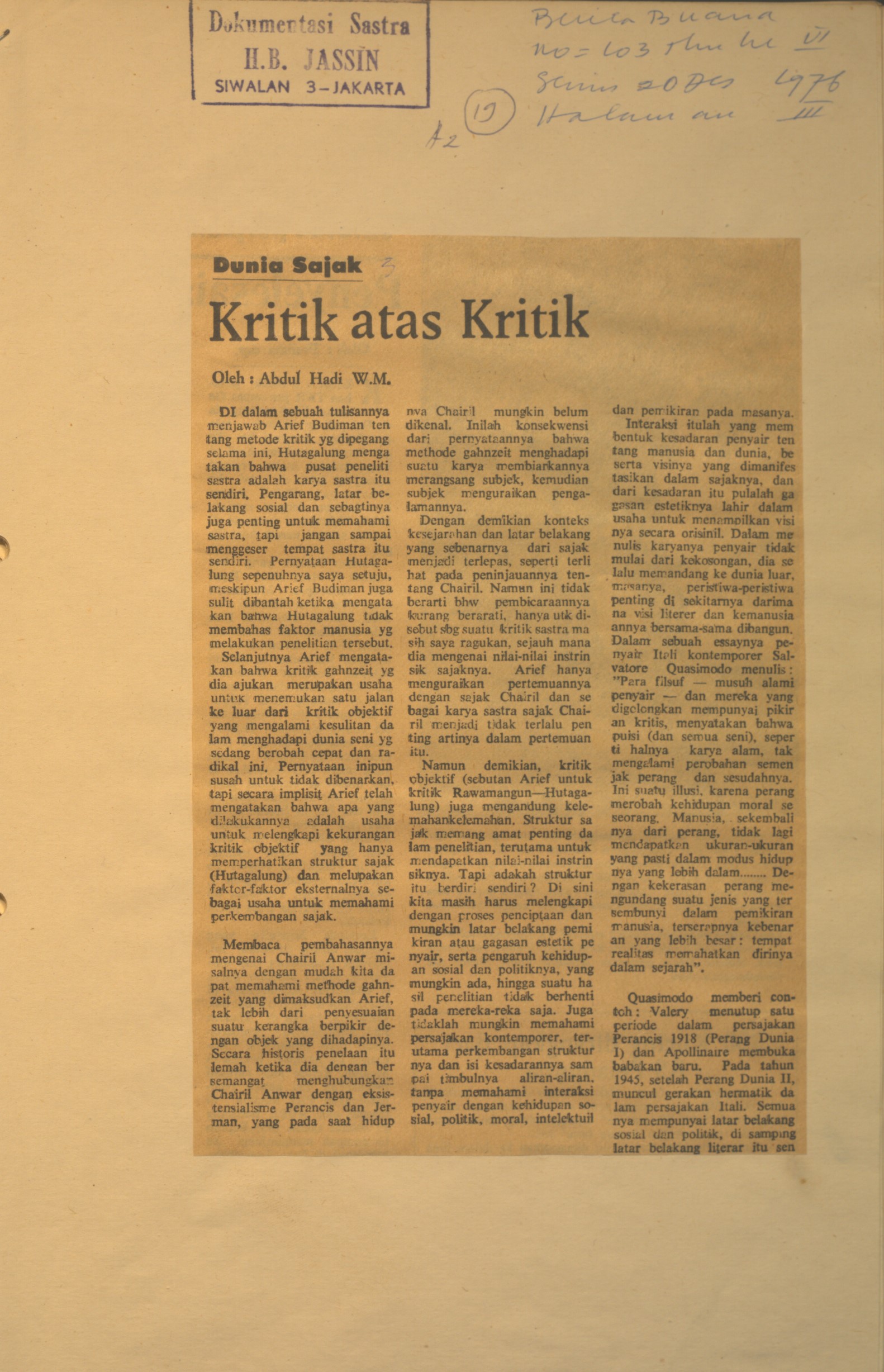 Dunia sajak. Kritik atas kritik
