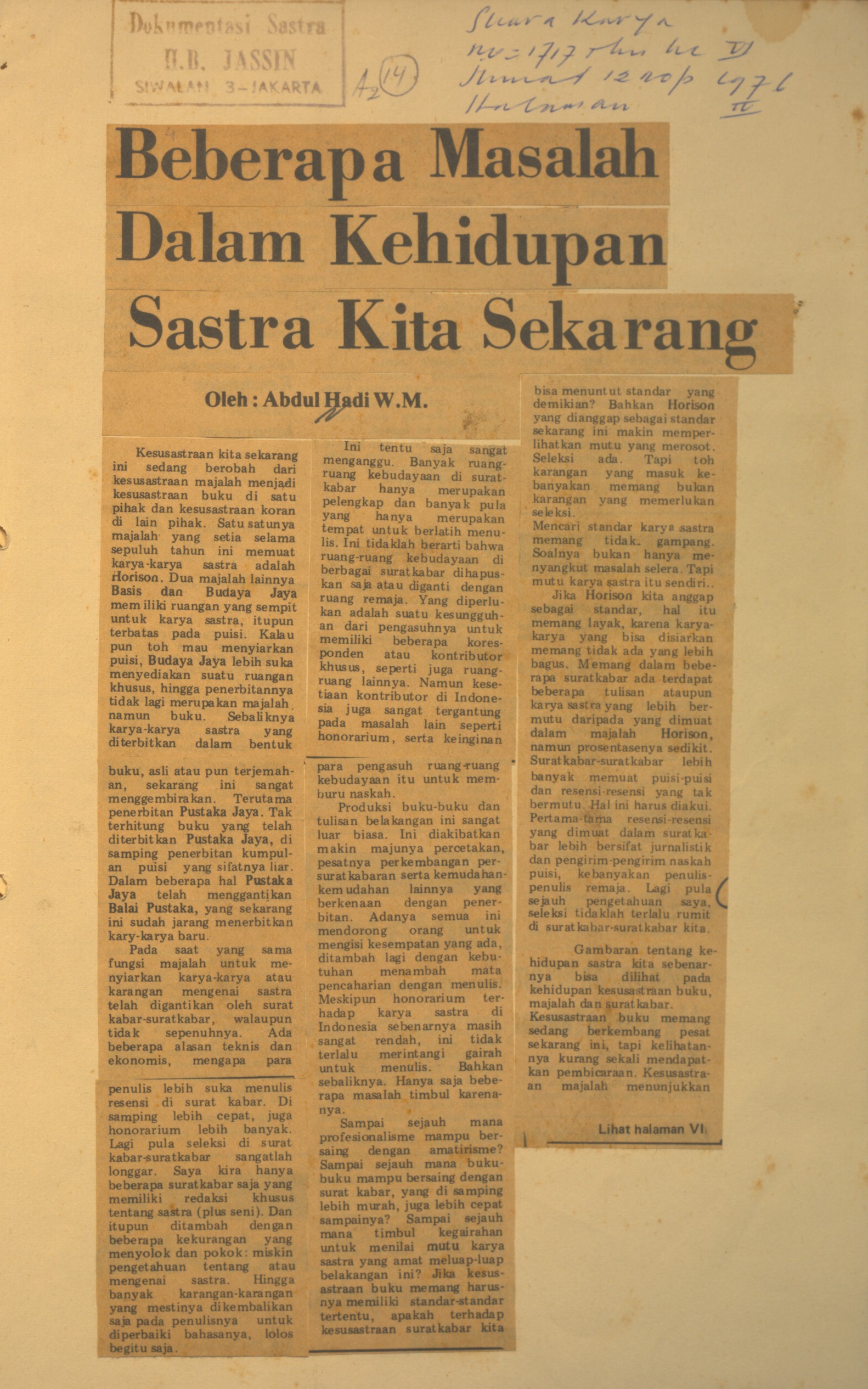 Beberapa masalah dalam kehidupan sastra kita sekarang