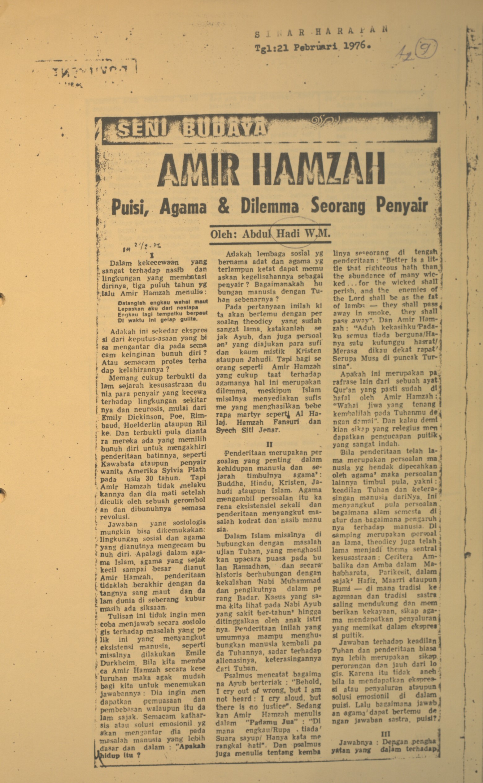 Amir Hamzah. Puisi,agama dan dilemma seorang penyair